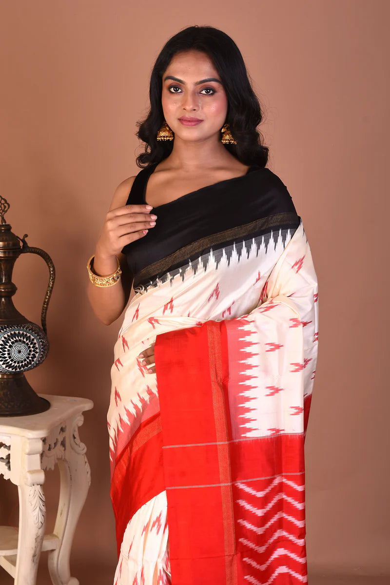 White Pure Ikkat Silk Saree - Keya Seth Exclusive