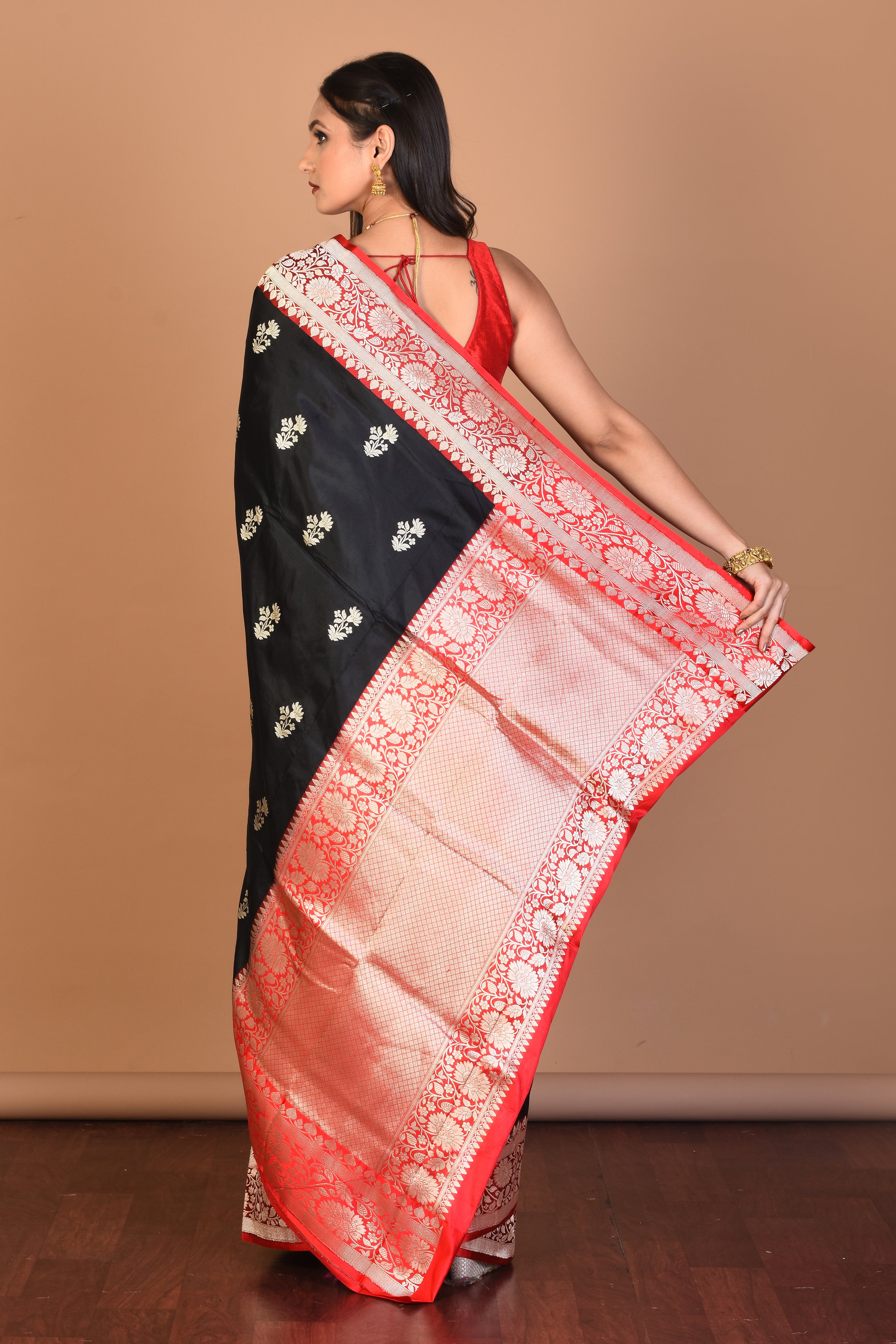 Black Pure Katan Silk Saree with Blouse Piece - Keya Seth Exclusive