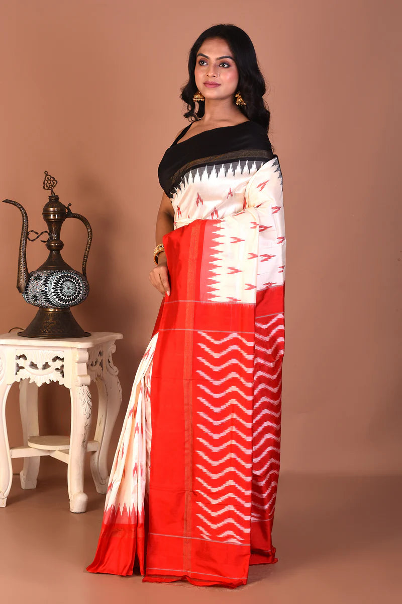 White Pure Ikkat Silk Saree - Keya Seth Exclusive