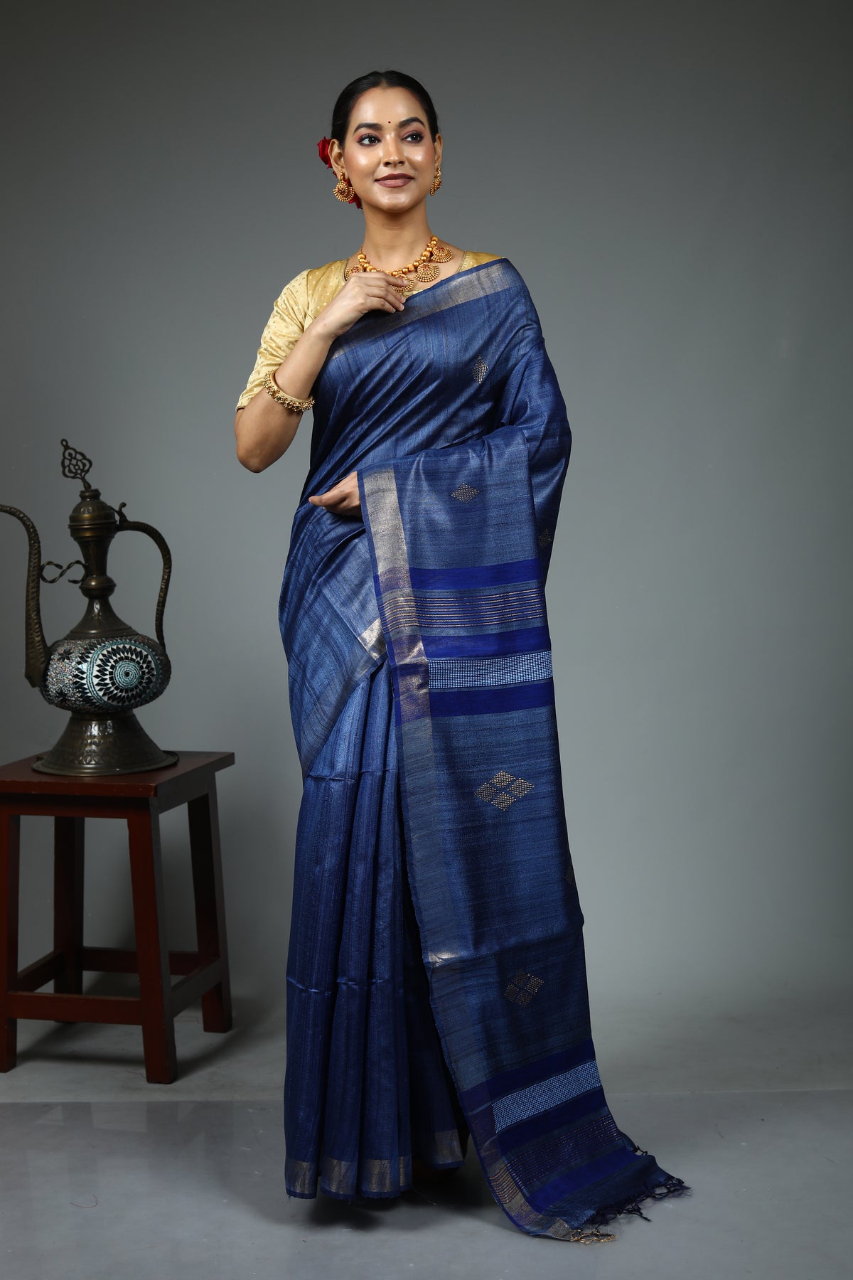 Navy Blue Tussar Saree