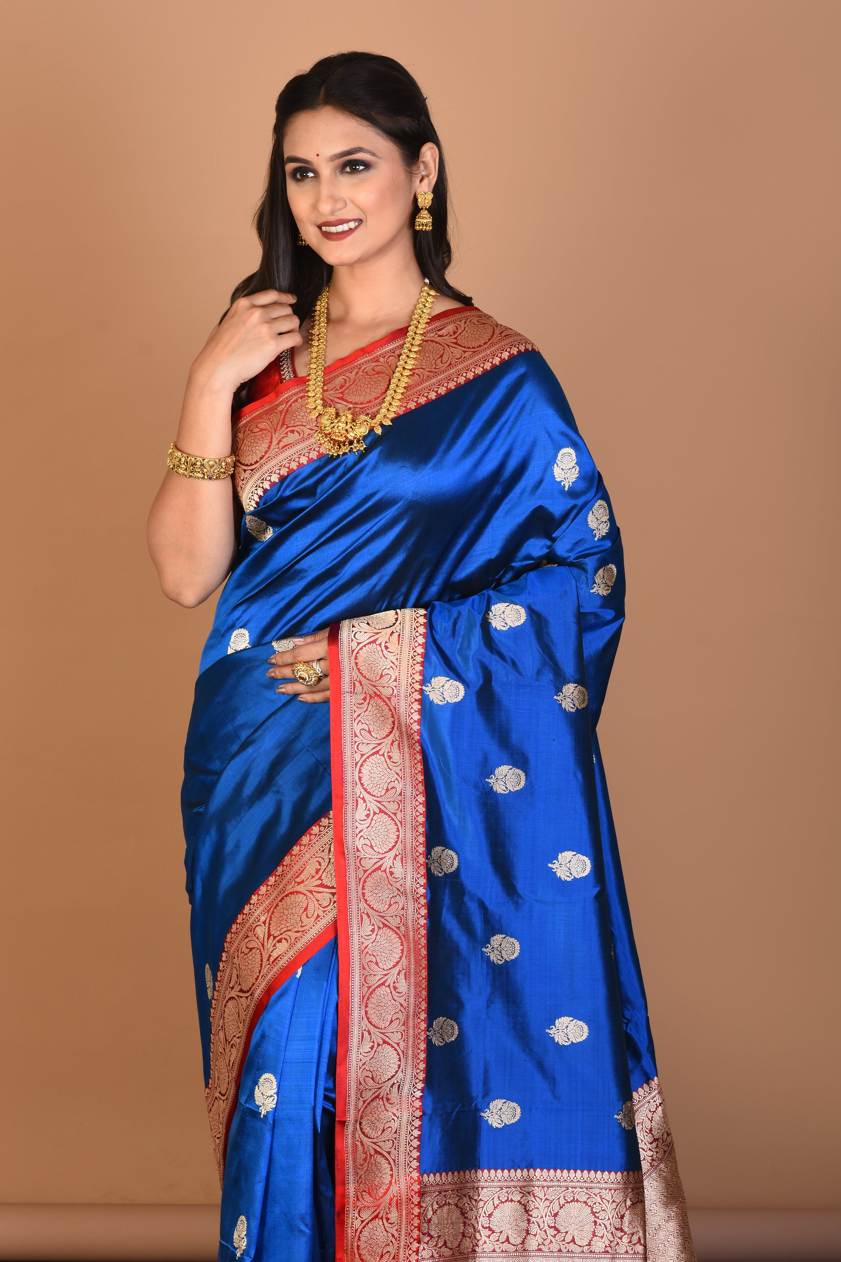 Royal Blue Pure Katan Silk Saree with Blouse Piece - Keya Seth Exclusive