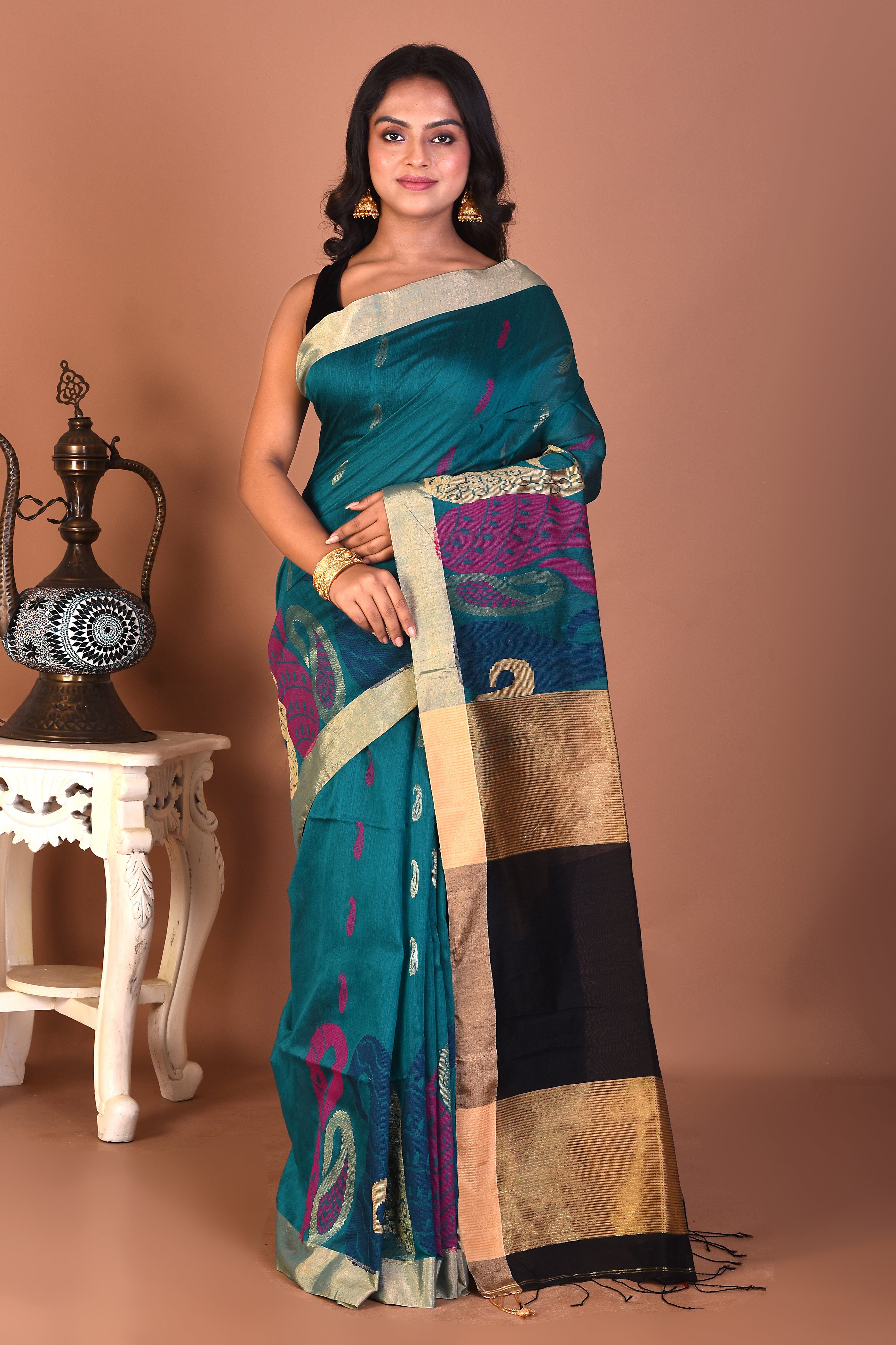 Rama Green Handloom Linen Saree - Keya Seth Exclusive