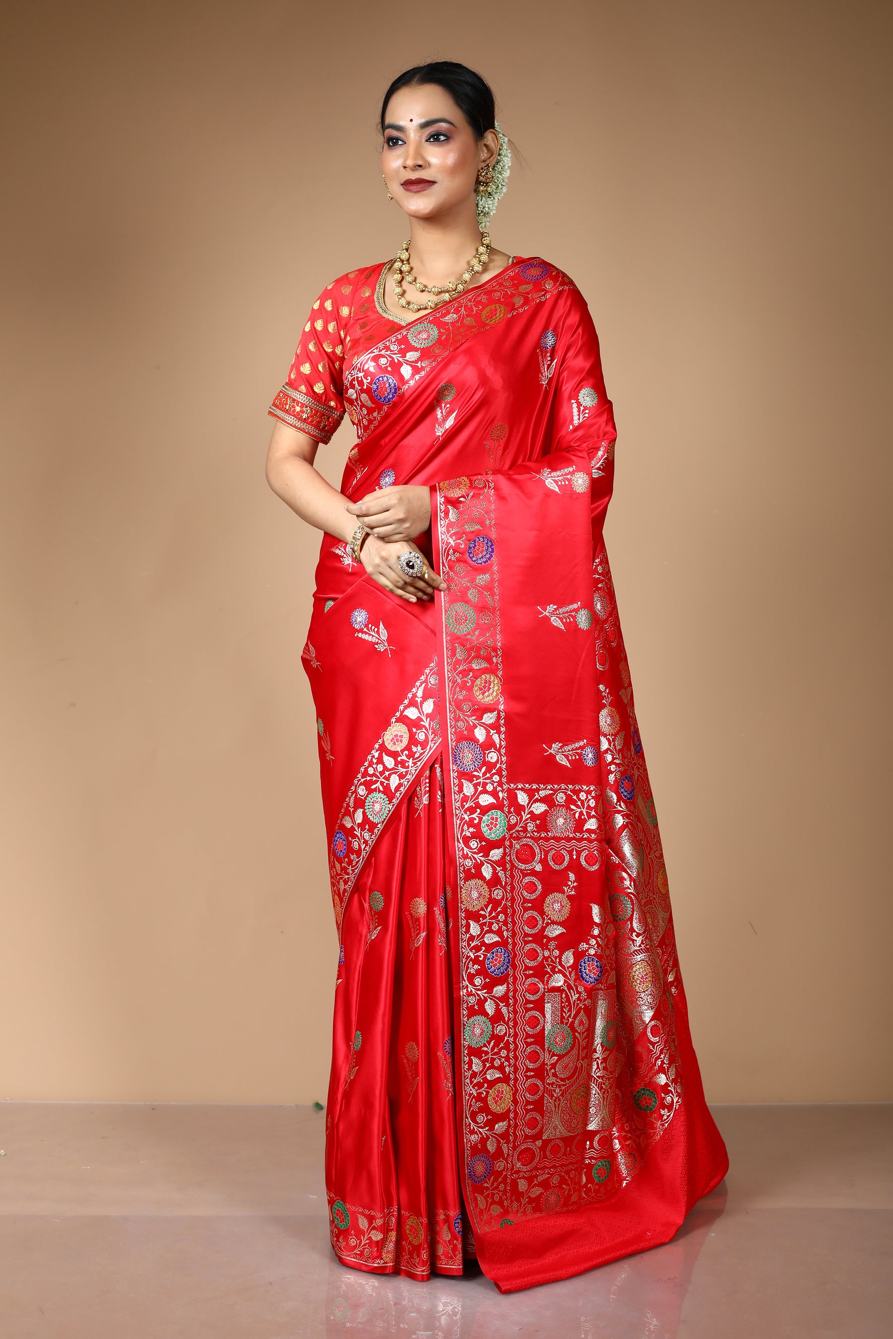 Red Blended Satin Banarasi Saree