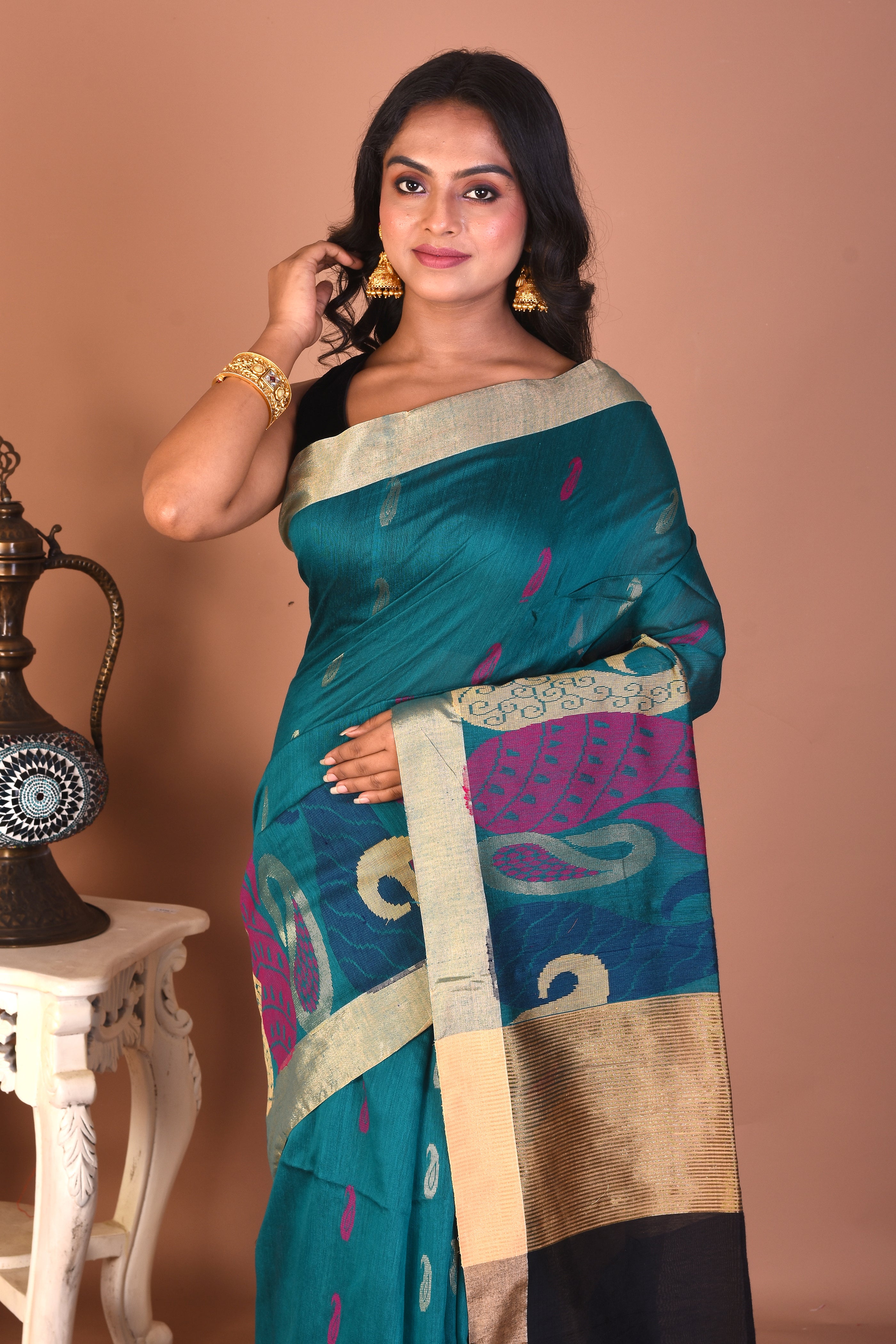 Rama Green Handloom Linen Saree - Keya Seth Exclusive