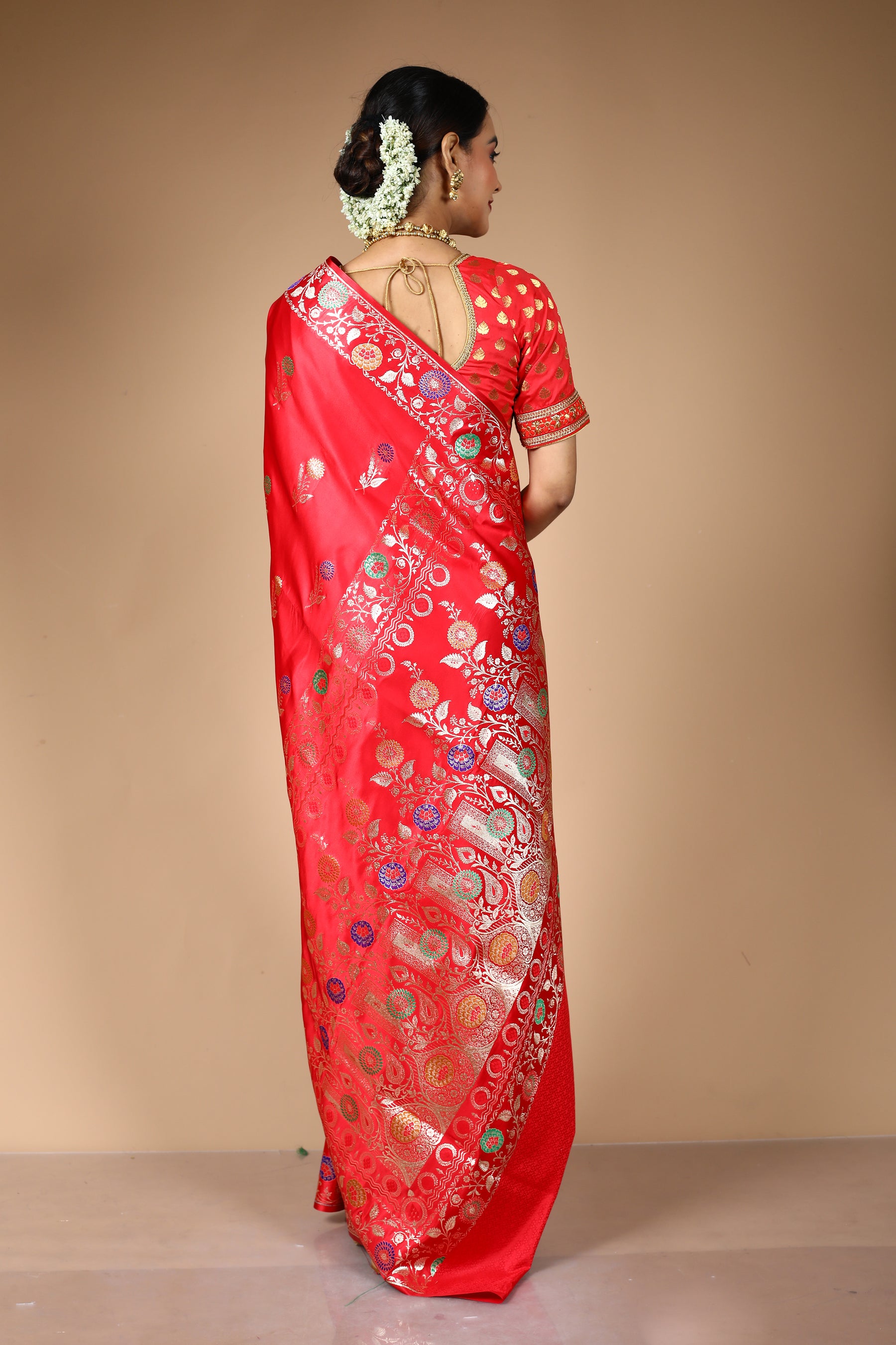 Red Blended Satin Banarasi Saree