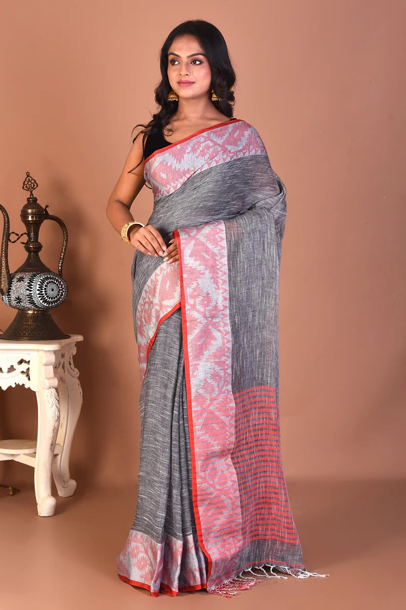 Grey Handloom Linen Saree - Keya Seth Exclusive