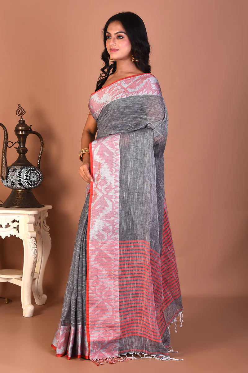 Grey Handloom Linen Saree - Keya Seth Exclusive