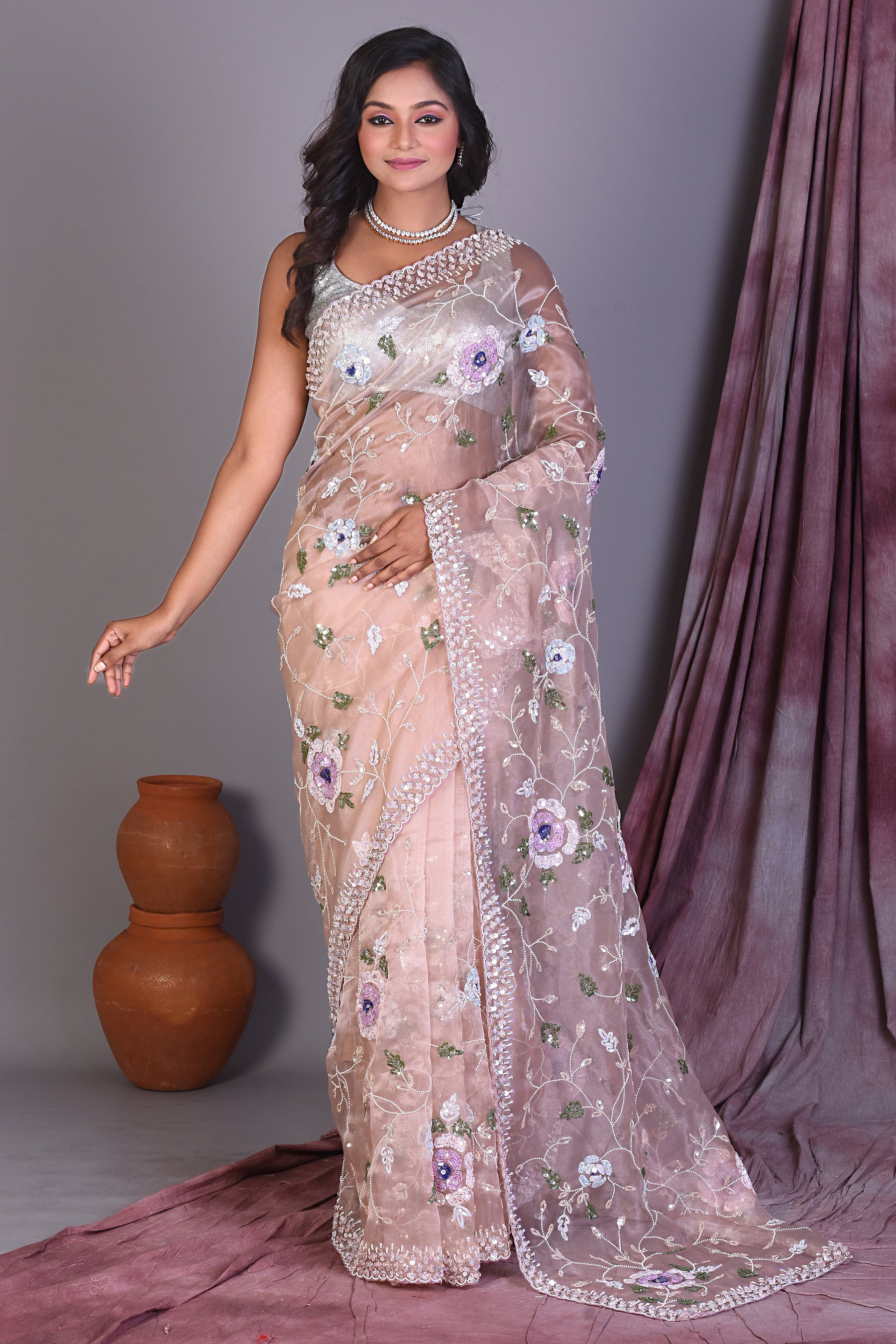 Light Peach Jimmy Choo Saree with Stonework - Keya Seth Exclusive