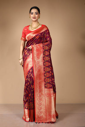 Wine Pure Silk Saree with Threadwork