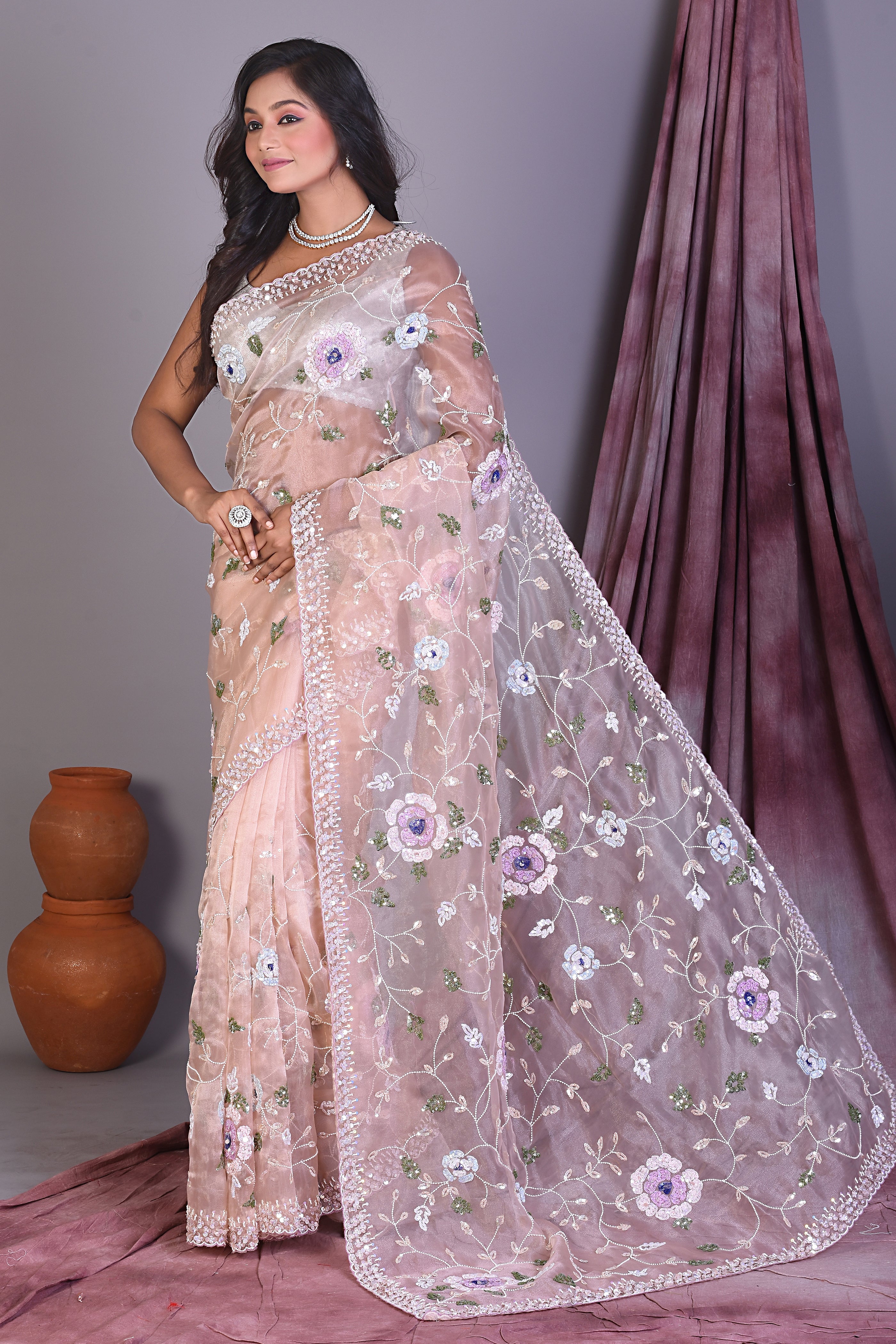 Light Peach Jimmy Choo Saree with Stonework - Keya Seth Exclusive