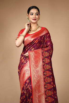 Wine Pure Silk Saree with Threadwork