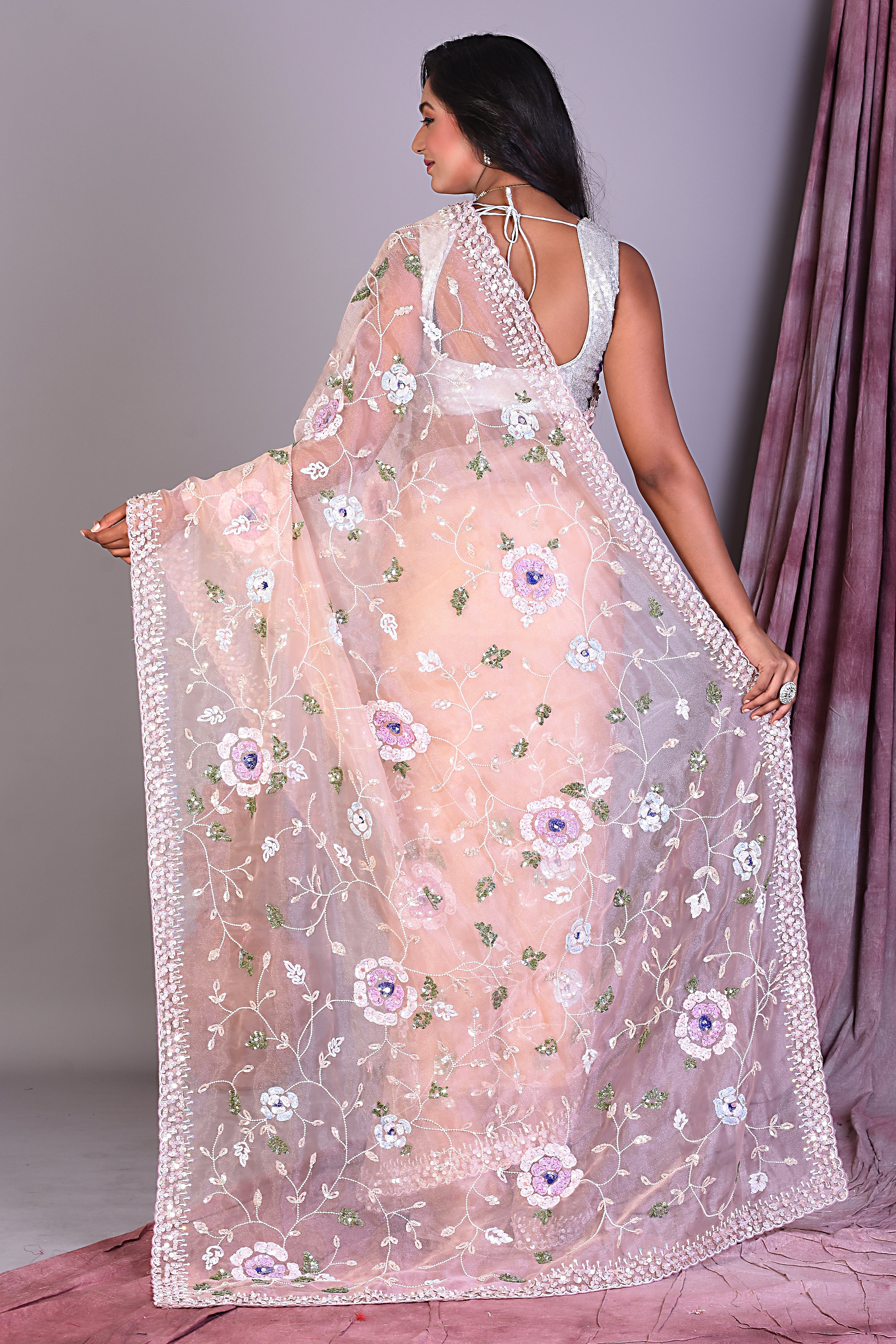 Light Peach Jimmy Choo Saree with Stonework - Keya Seth Exclusive