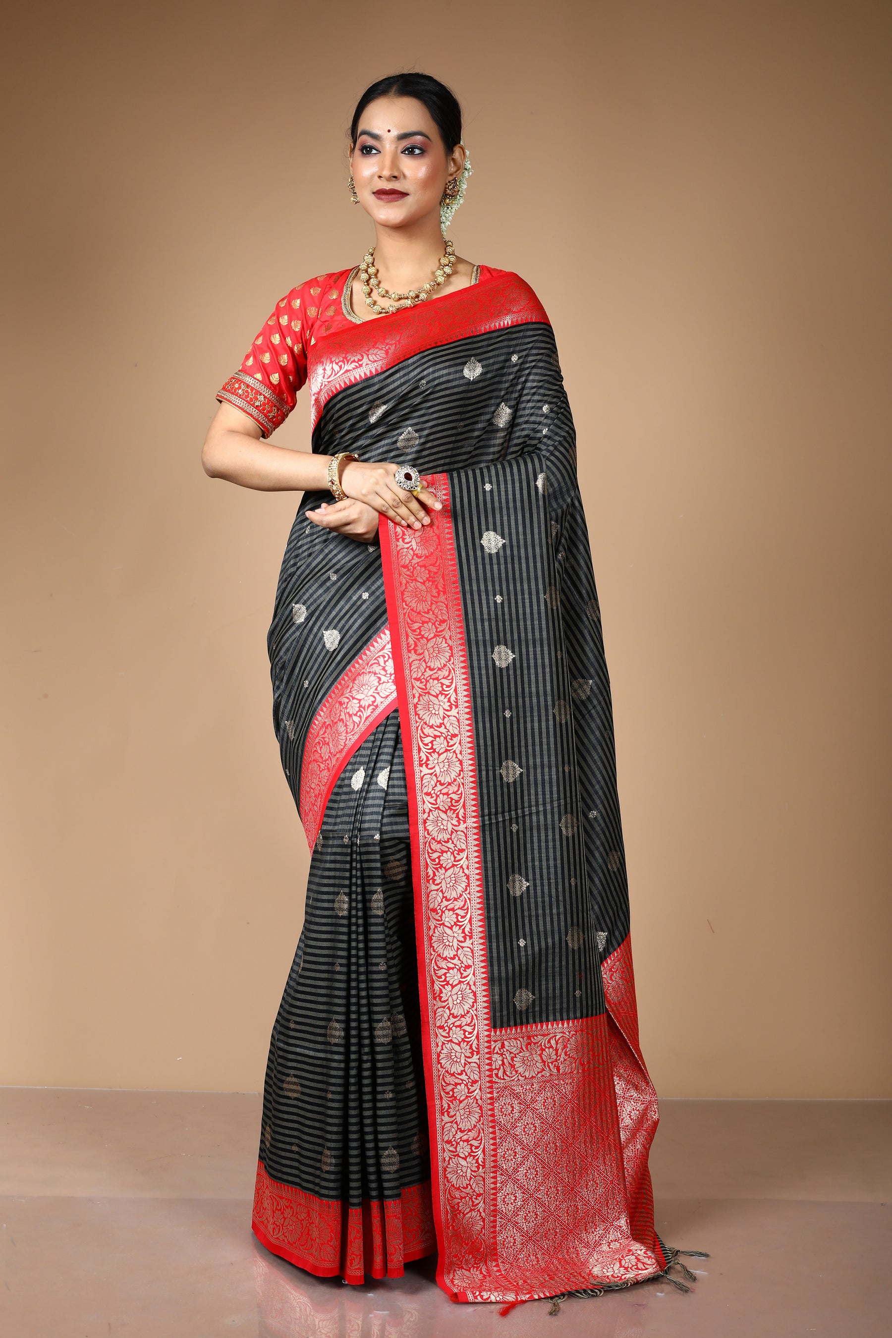 Black Striped Blended Tussar Saree