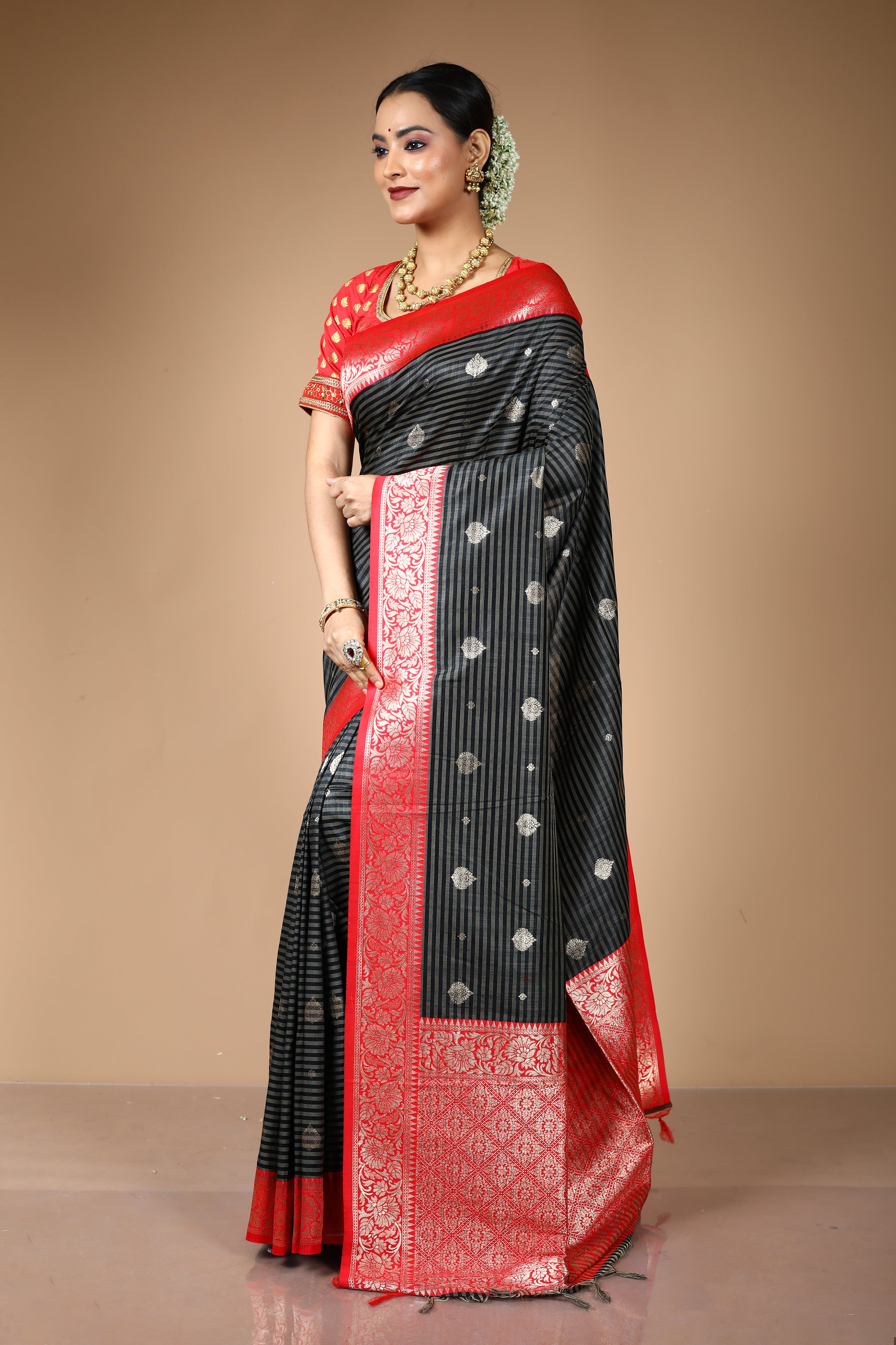 Black Striped Blended Tussar Saree