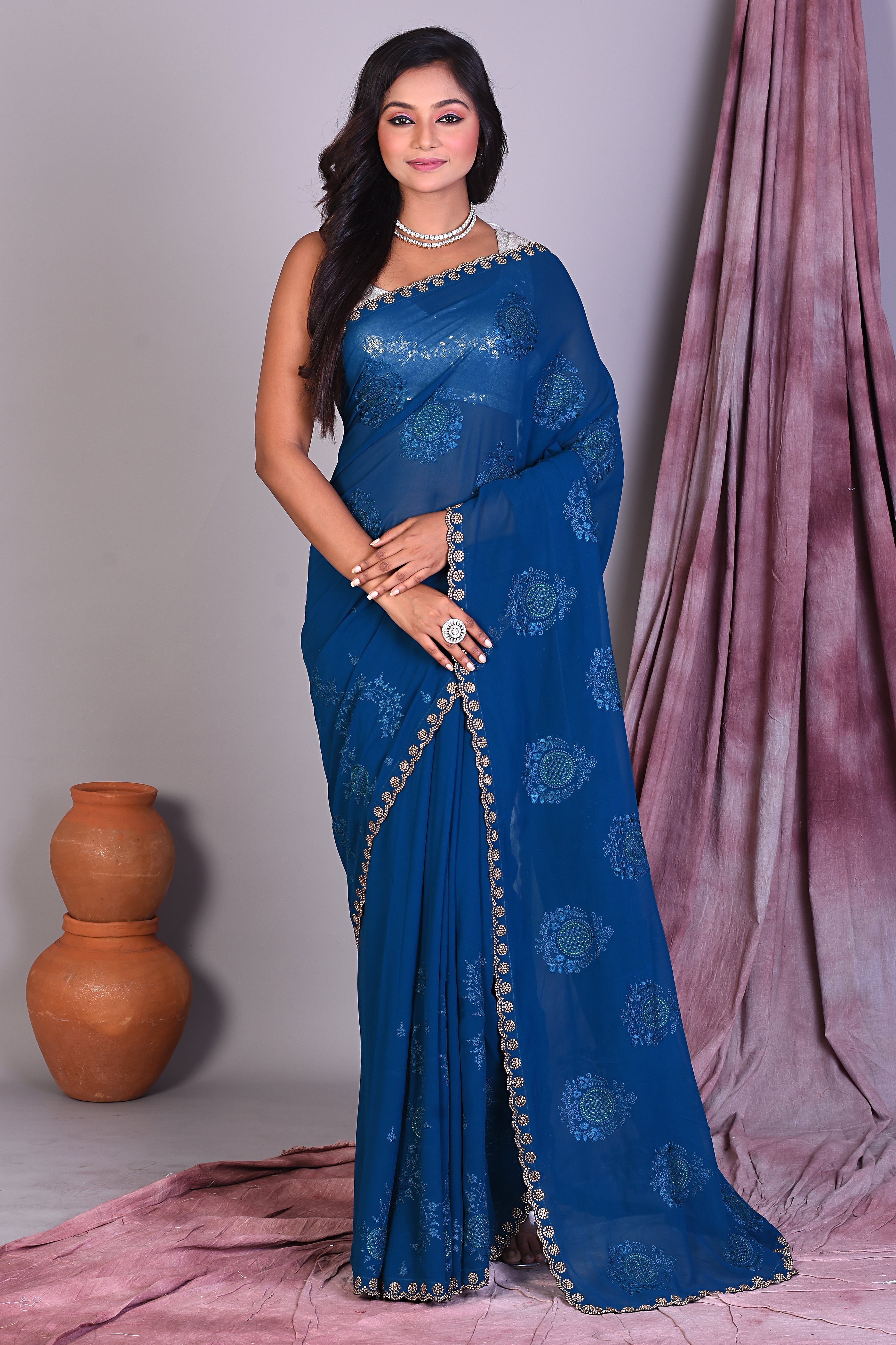 Firoza Blue Blended Georgette Saree with Sequence - Keya Seth Exclusive