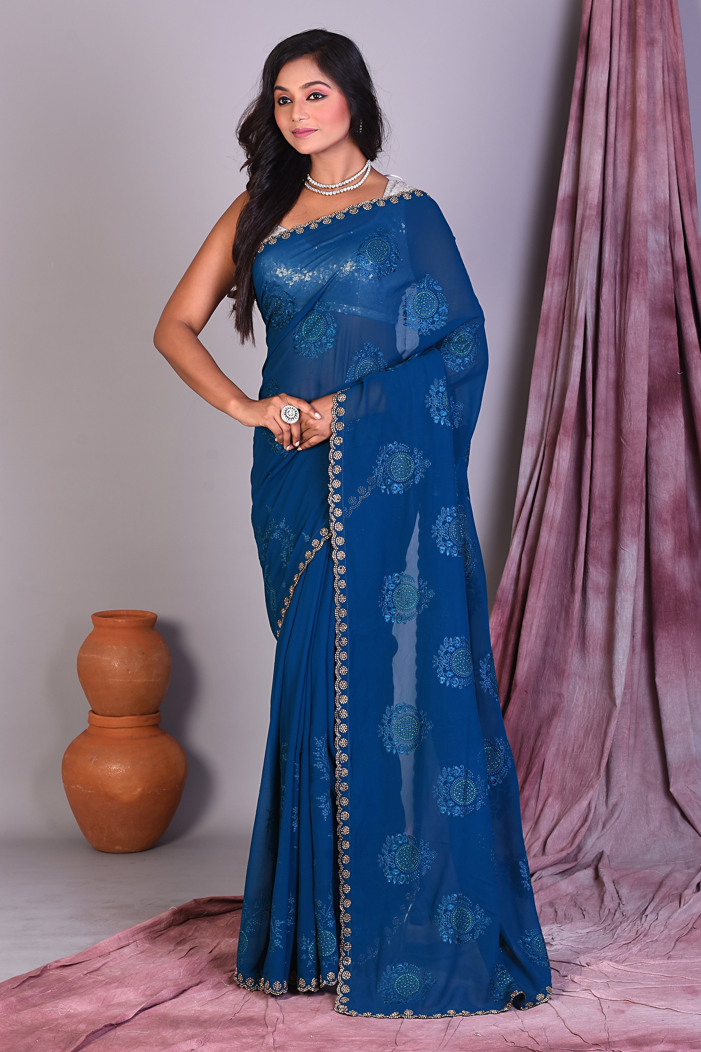 Firoza Blue Blended Georgette Saree with Sequence - Keya Seth Exclusive