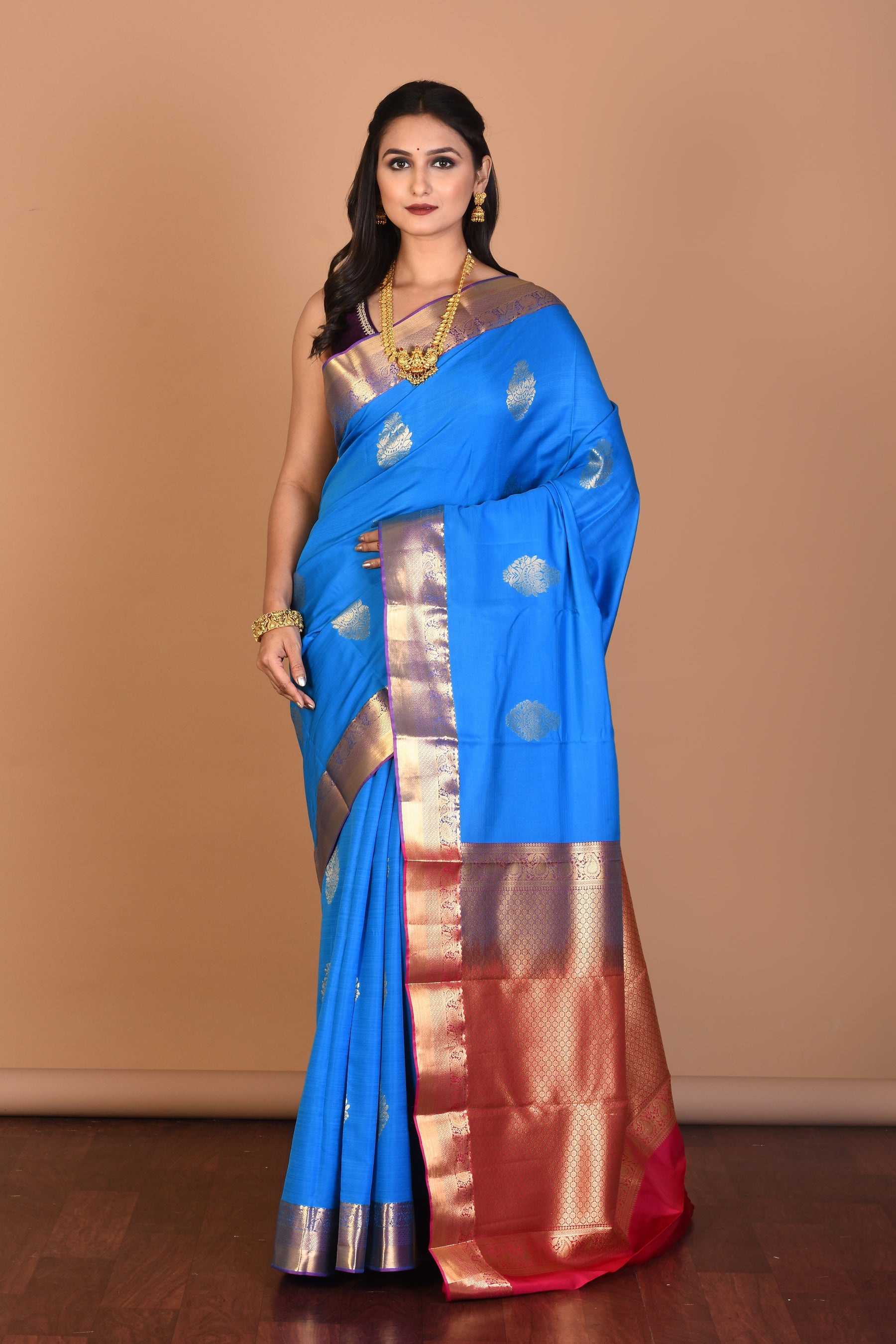 Blue Borderless Blended Kanjivaram Silk Saree with Blouse Piece - Keya Seth Exclusive