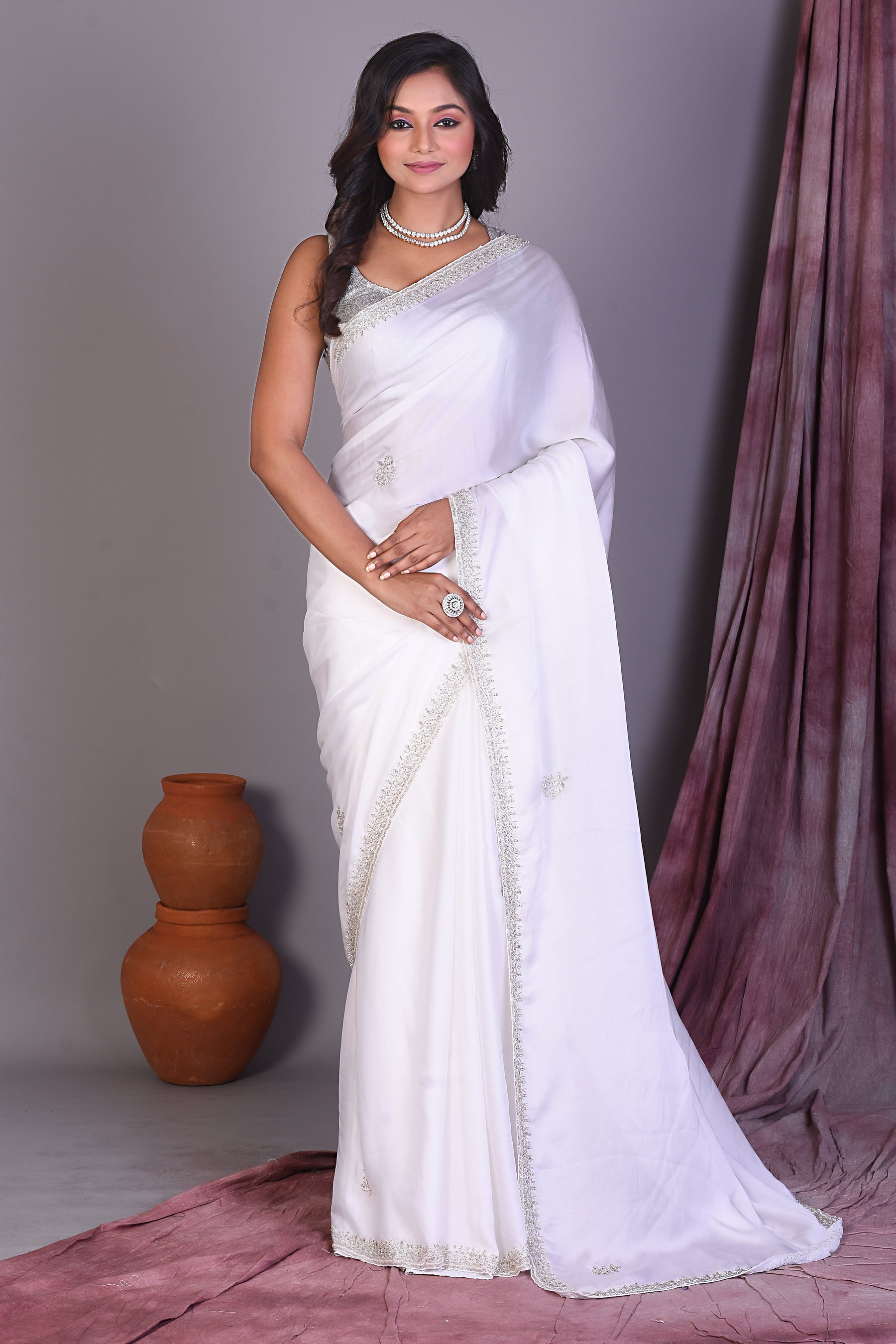 Fancy White Satin Silk Saree - Keya Seth Exclusive