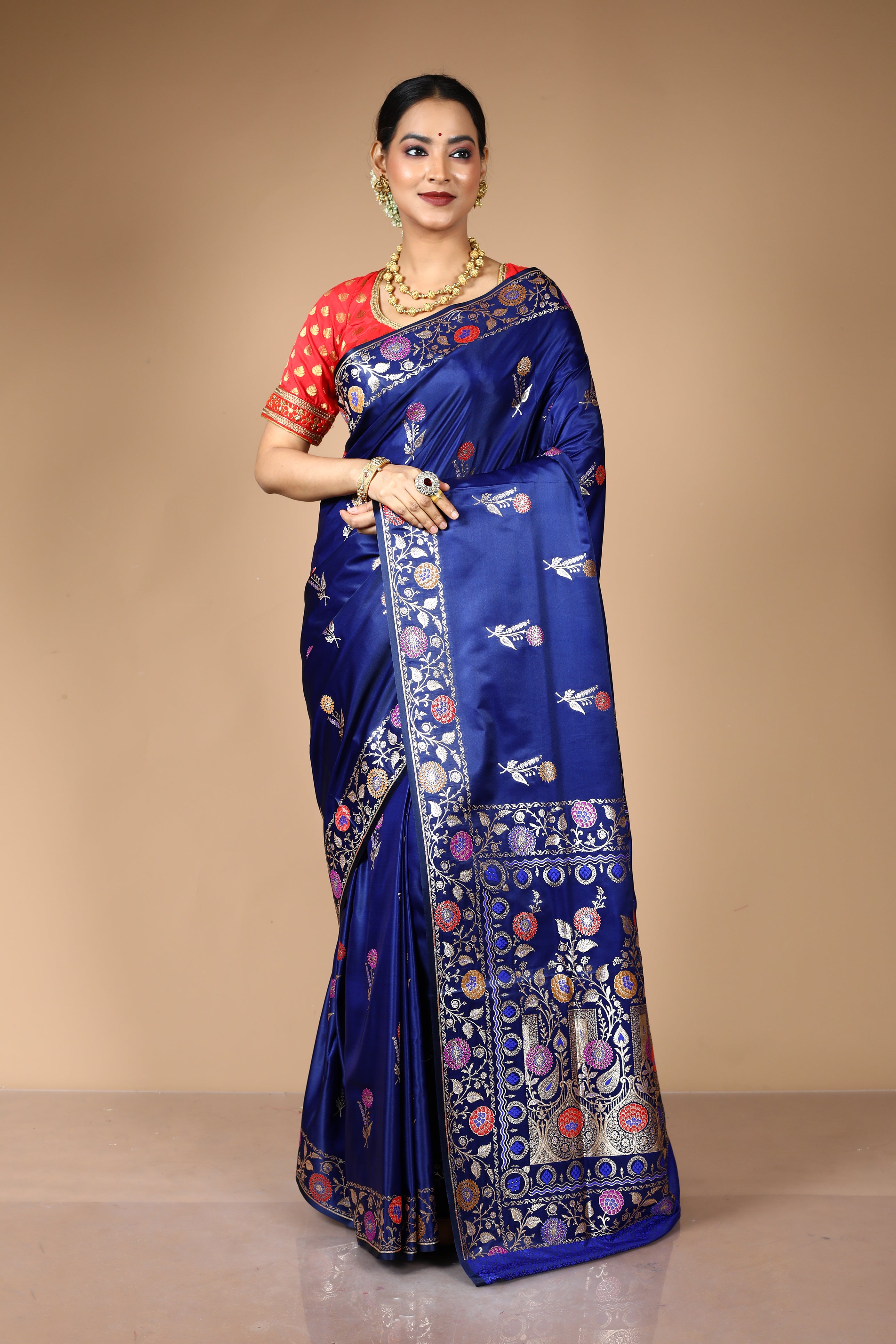 Midnight Blue Blended Satin Banarasi Saree