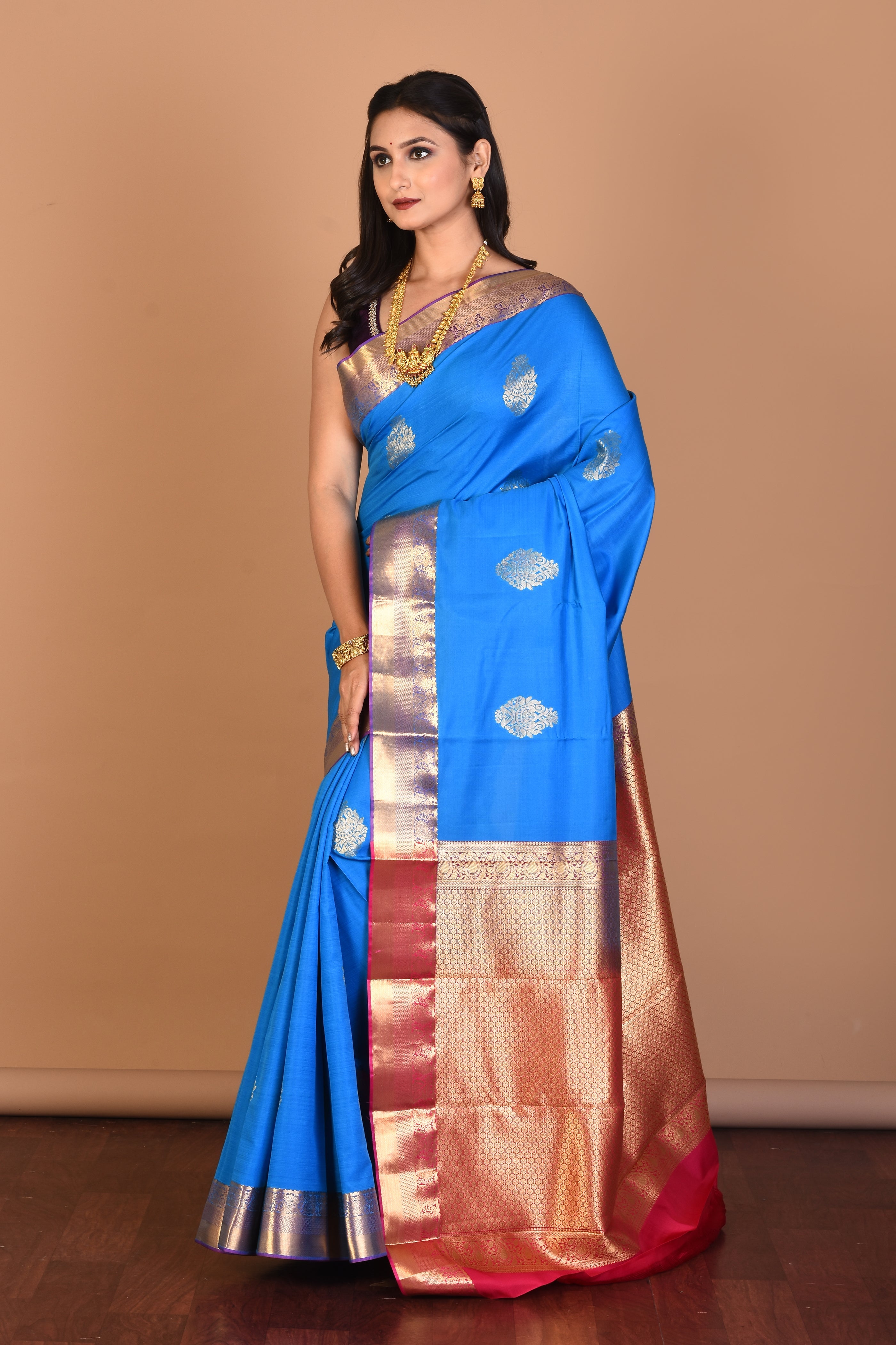 Blue Borderless Blended Kanjivaram Silk Saree with Blouse Piece - Keya Seth Exclusive