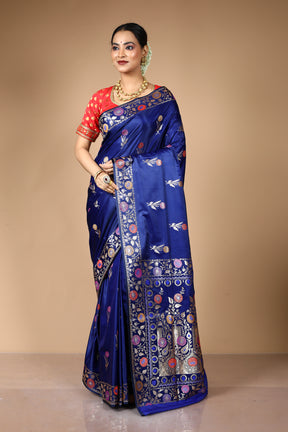 Midnight Blue Blended Satin Banarasi Saree