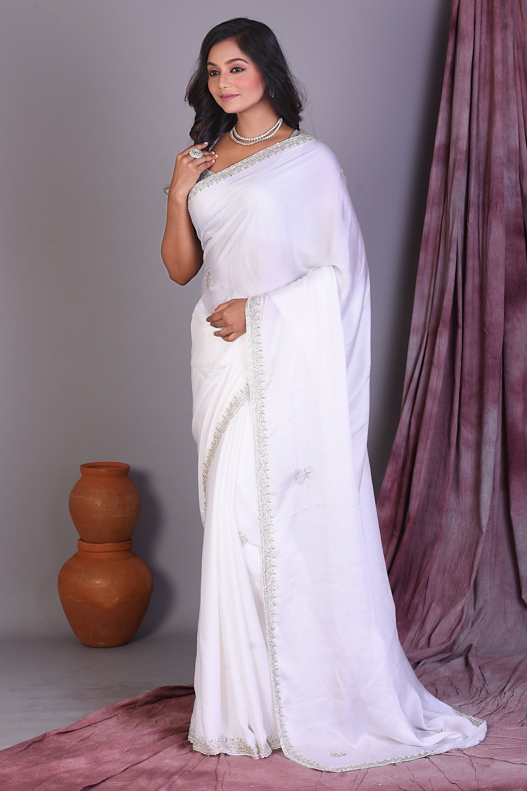 Fancy White Satin Silk Saree - Keya Seth Exclusive