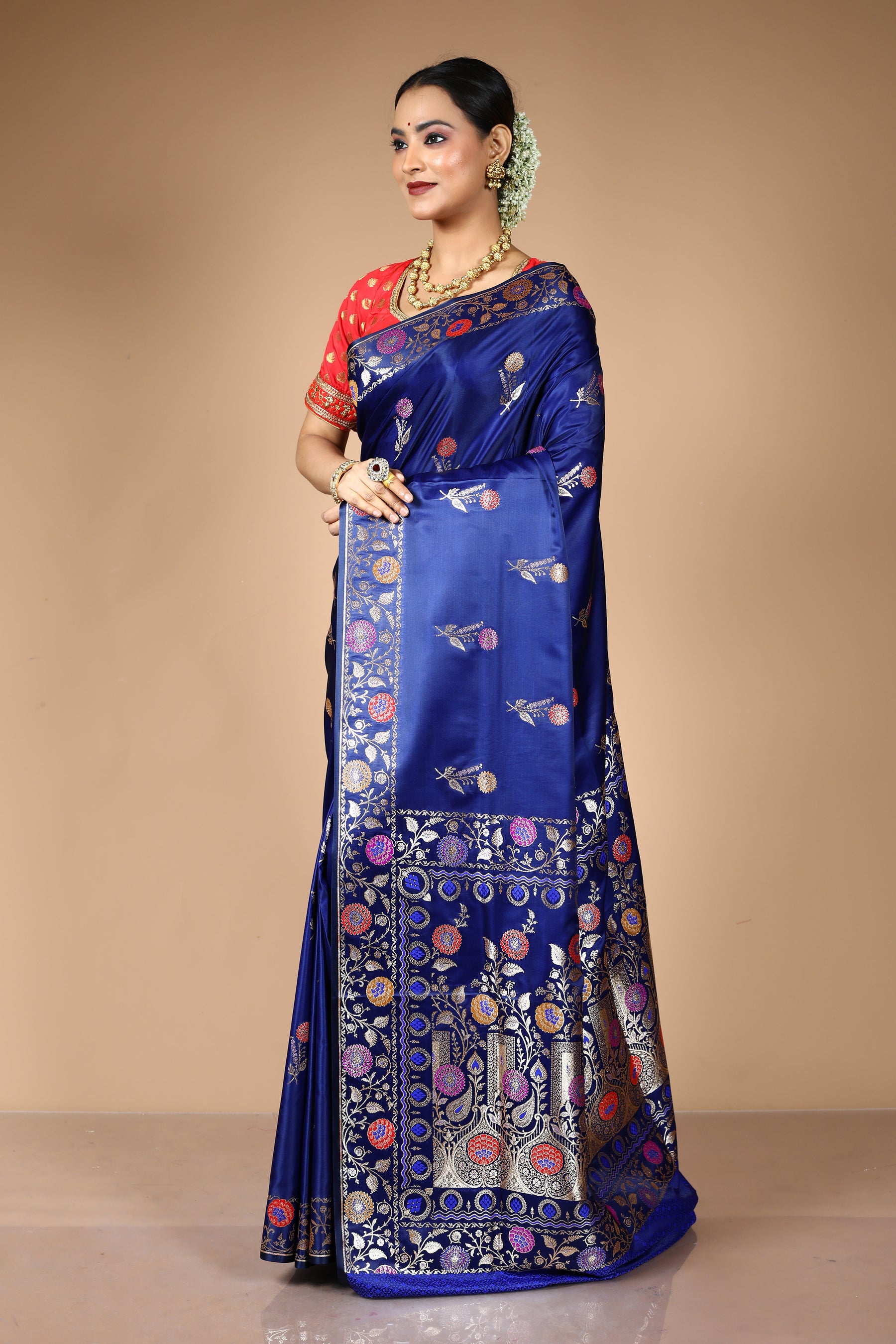Midnight Blue Blended Satin Banarasi Saree