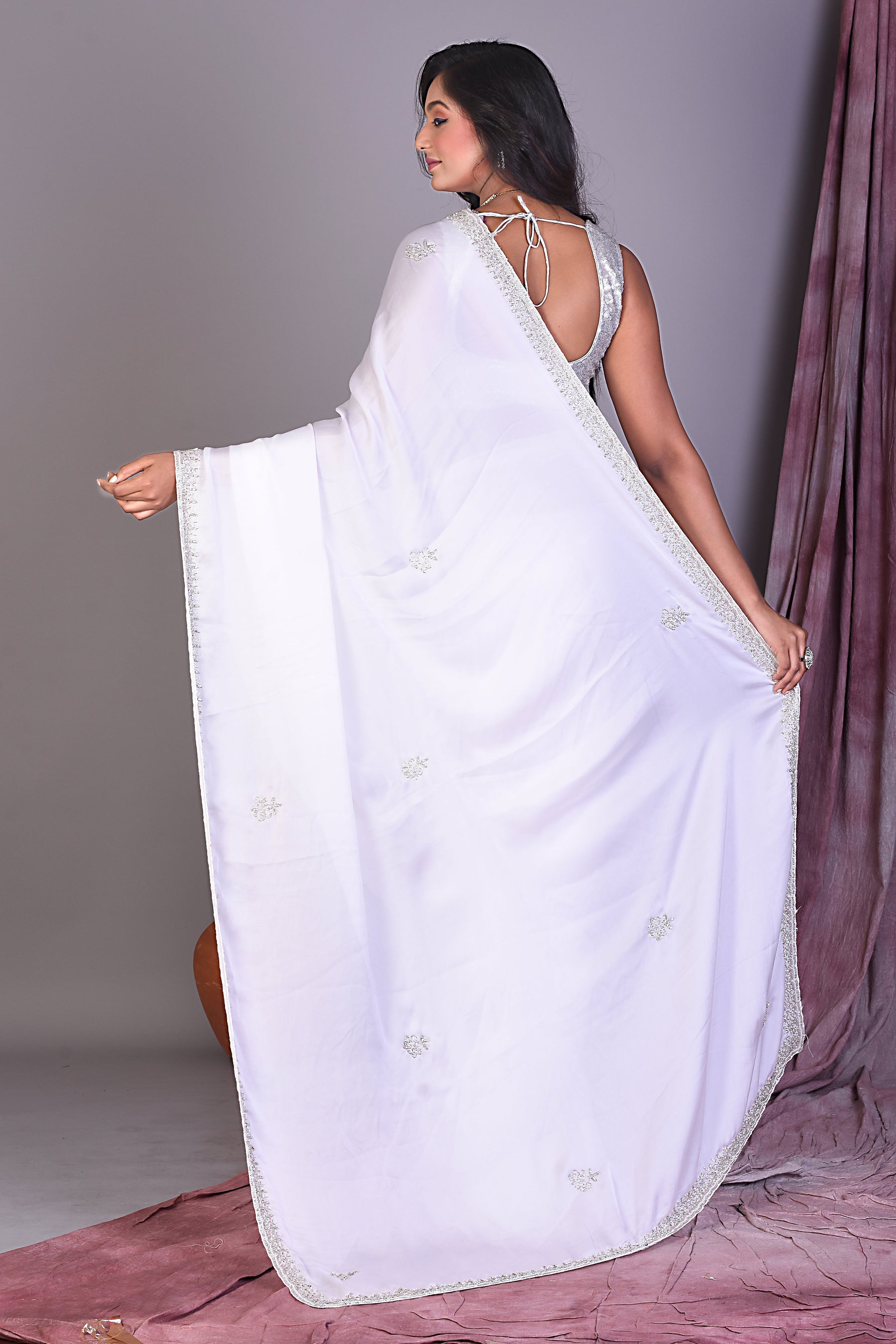 Fancy White Satin Silk Saree - Keya Seth Exclusive