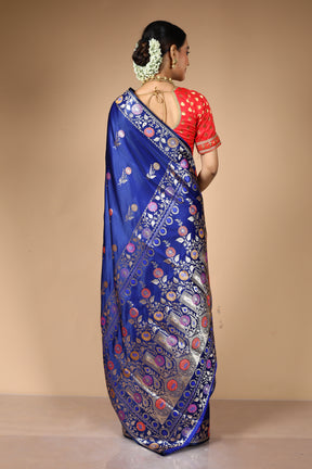 Midnight Blue Blended Satin Banarasi Saree