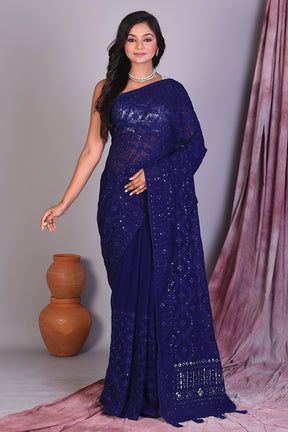 Deep Blue Blended Chiffon Saree with Thread Work - Keya Seth Exclusive