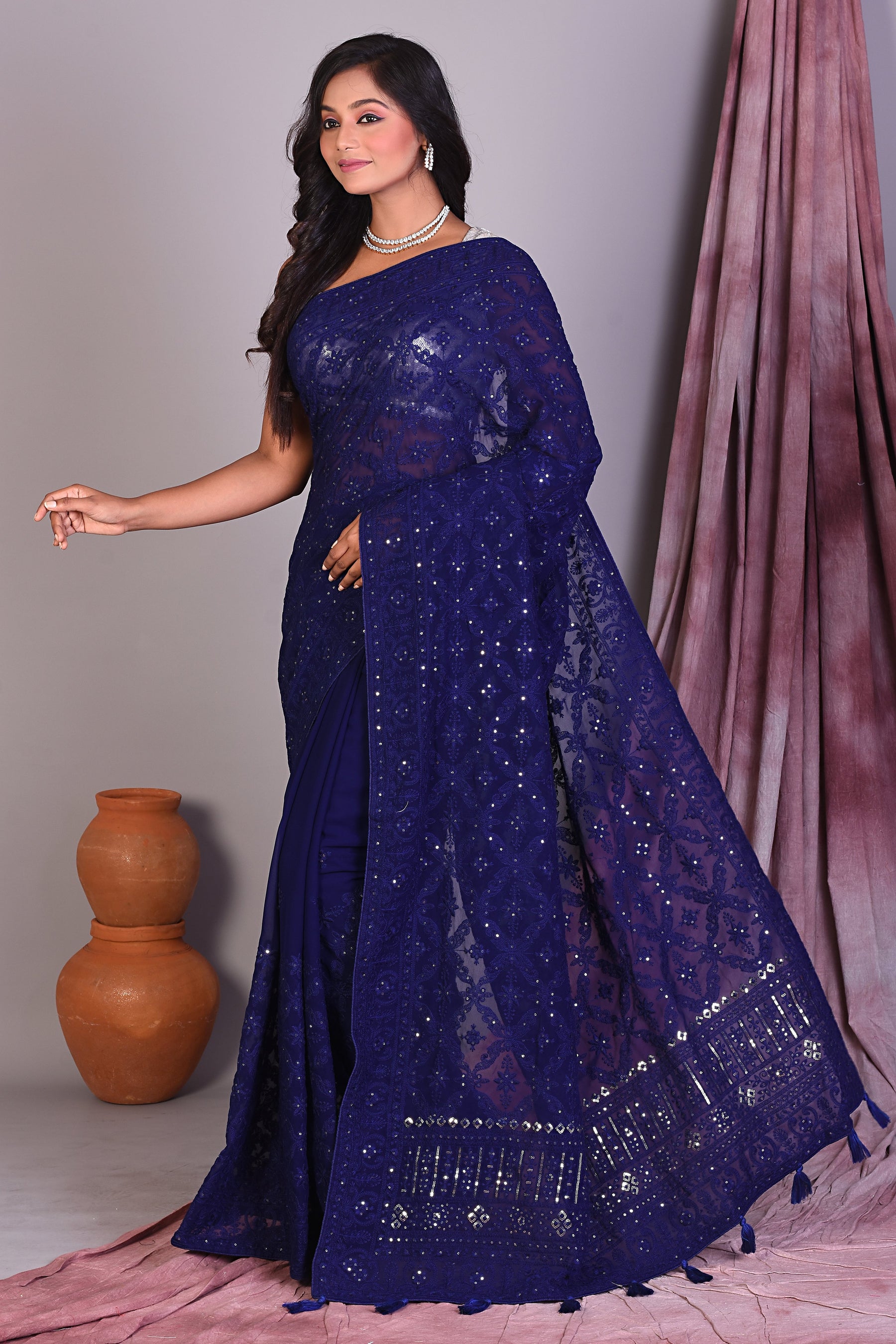 Deep Blue Blended Chiffon Saree with Thread Work - Keya Seth Exclusive