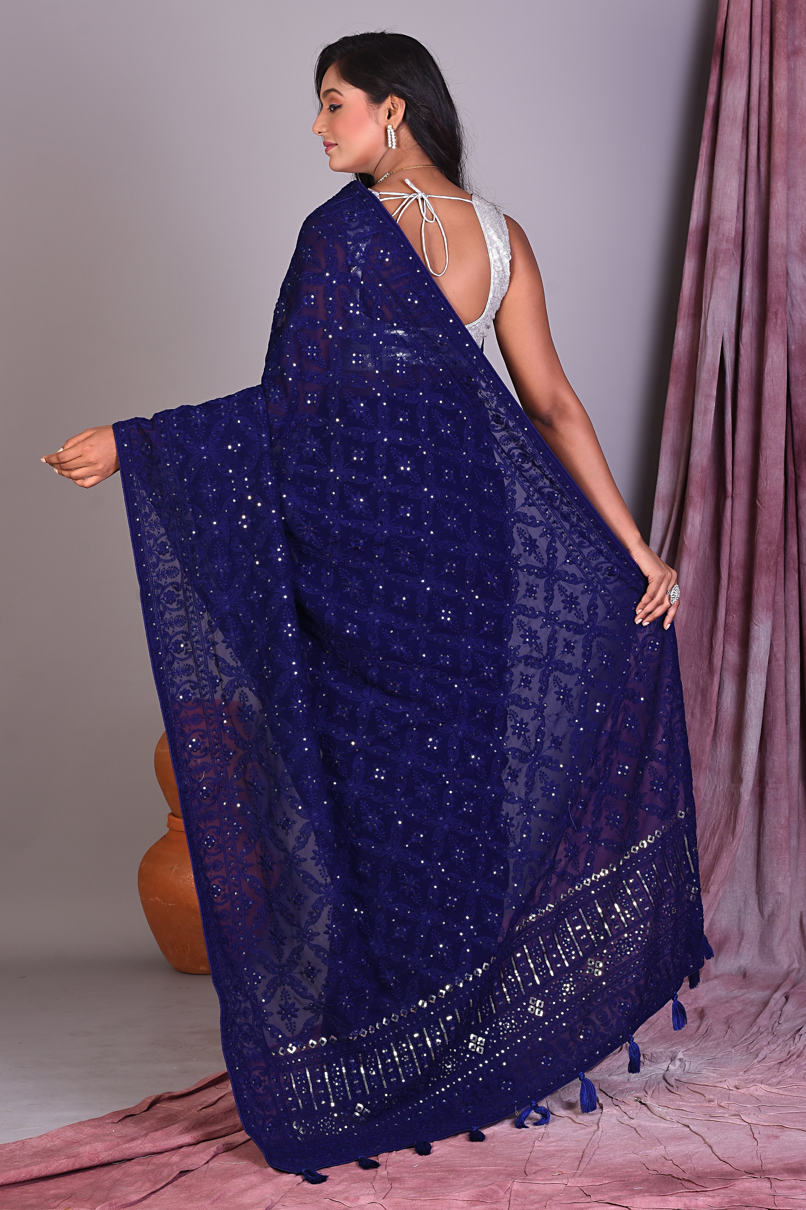 Deep Blue Blended Chiffon Saree with Thread Work - Keya Seth Exclusive