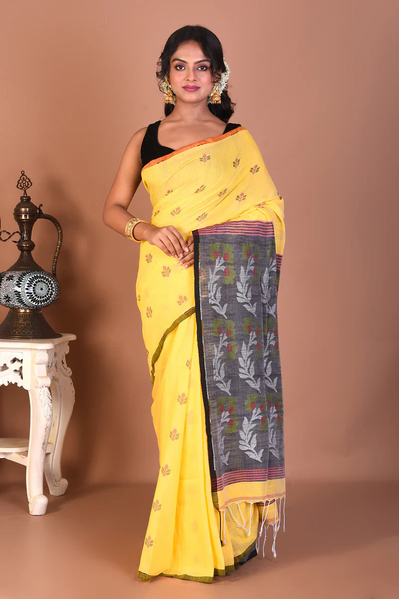 Yellow Blended Handloom Linen Saree - Keya Seth Exclusive