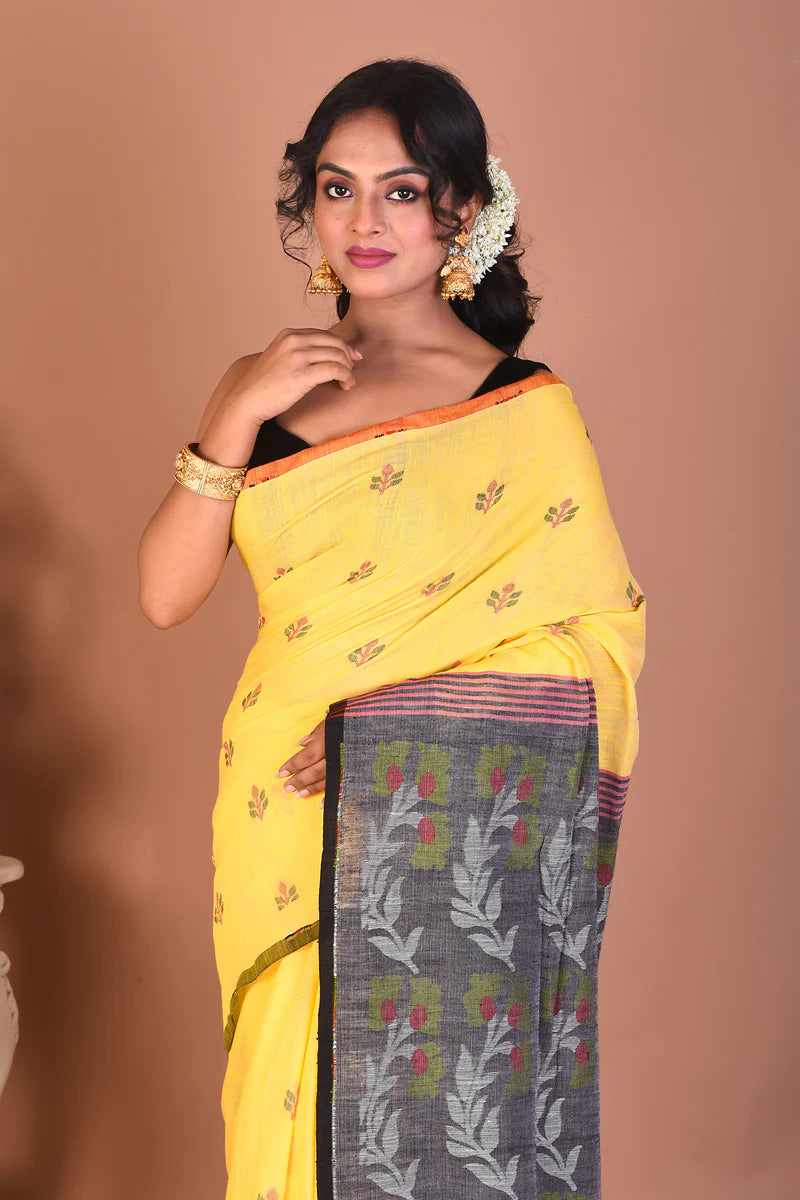 Yellow Blended Handloom Linen Saree - Keya Seth Exclusive