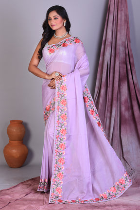 Lavender Blended Organza Saree with Floral Borders - Keya Seth Exclusive