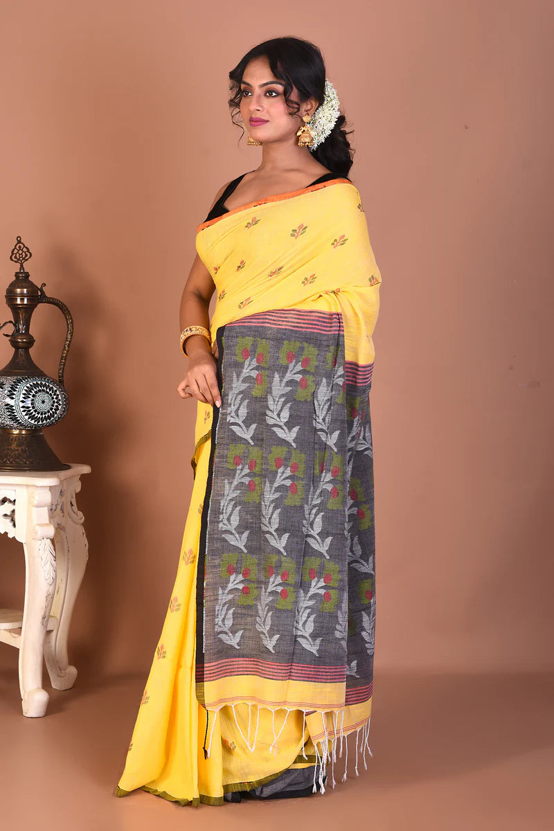 Yellow Blended Handloom Linen Saree - Keya Seth Exclusive