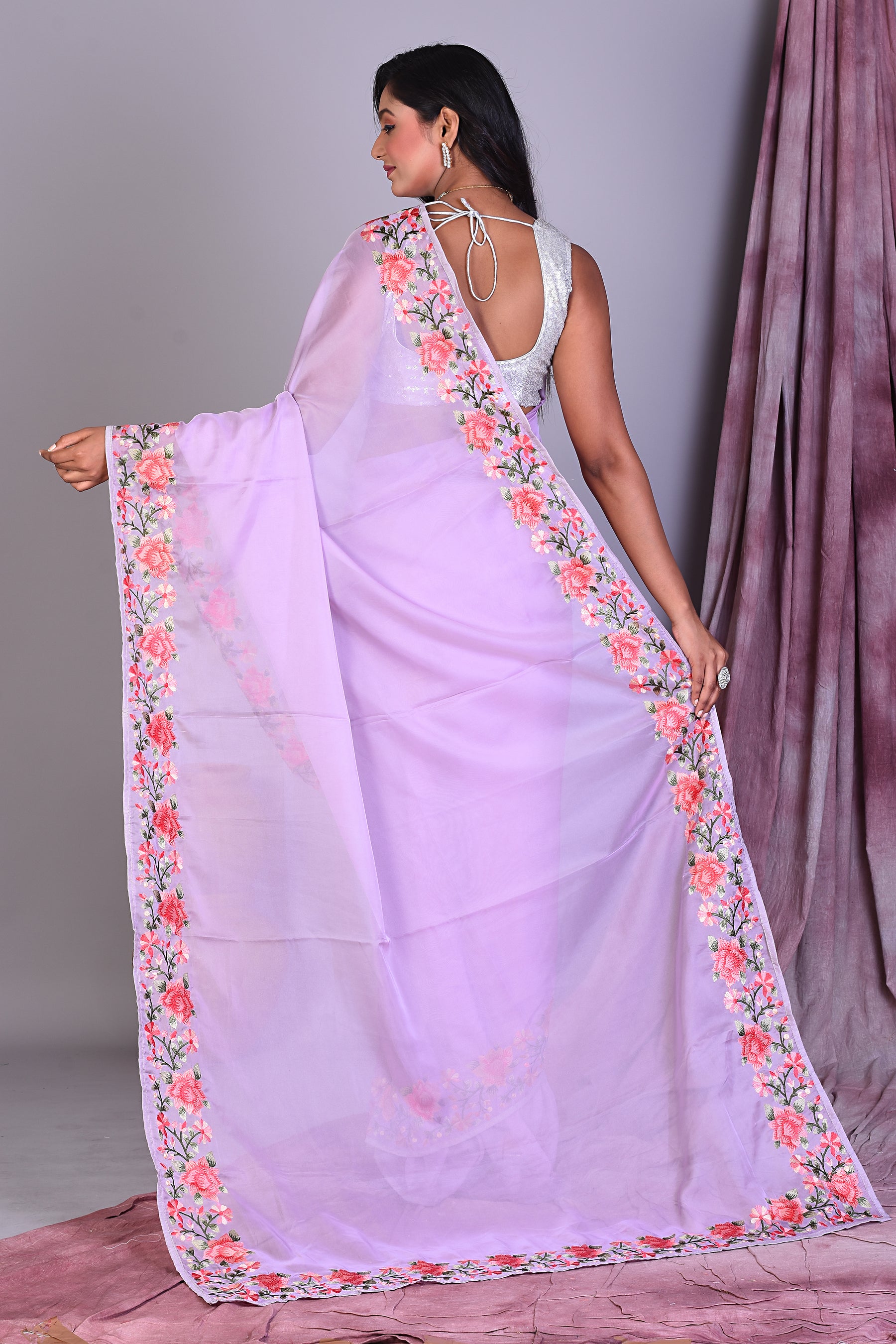 Lavender Blended Organza Saree with Floral Borders - Keya Seth Exclusive