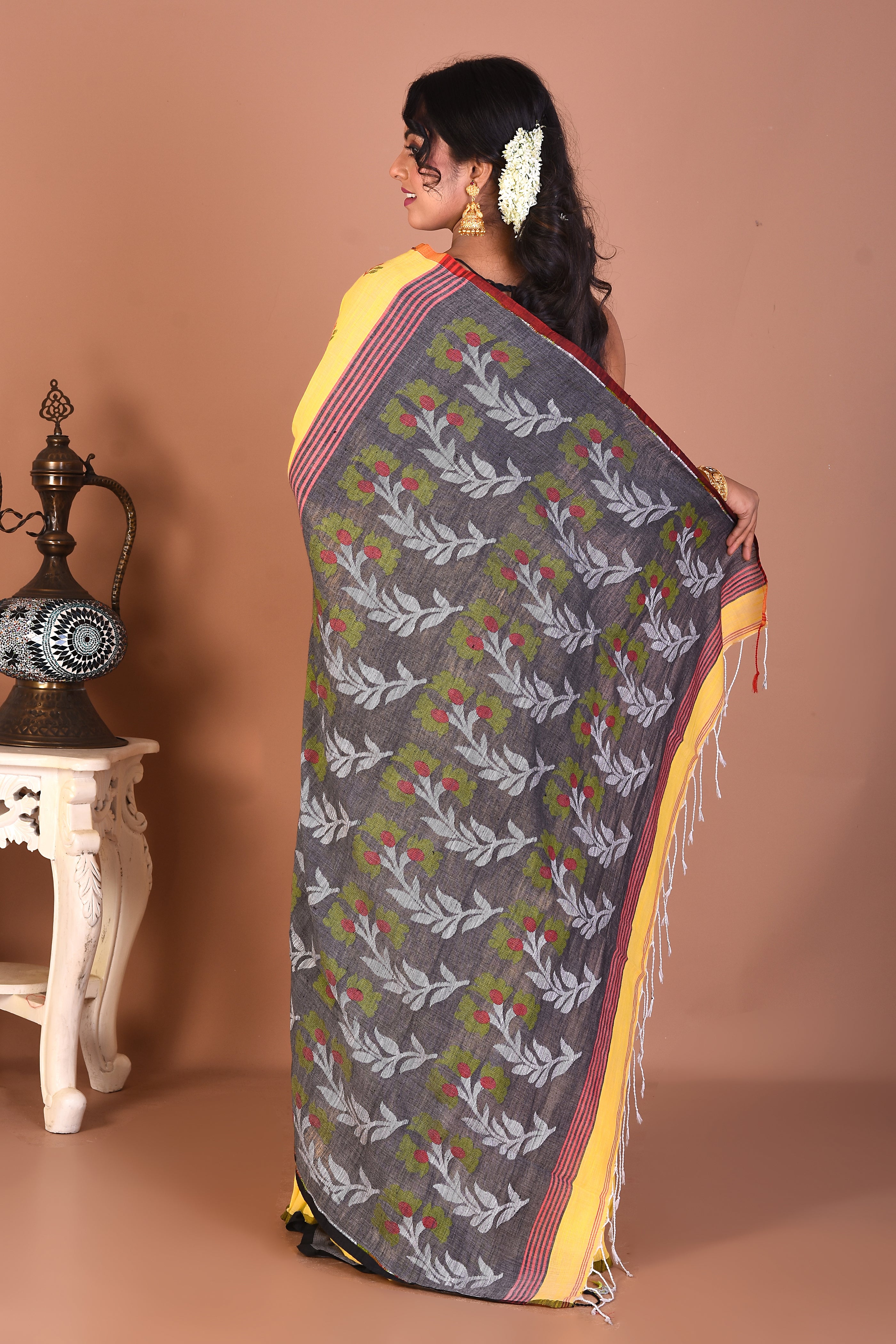 Yellow Blended Handloom Linen Saree - Keya Seth Exclusive