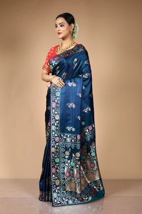 Blue Blended Satin Banarasi Saree