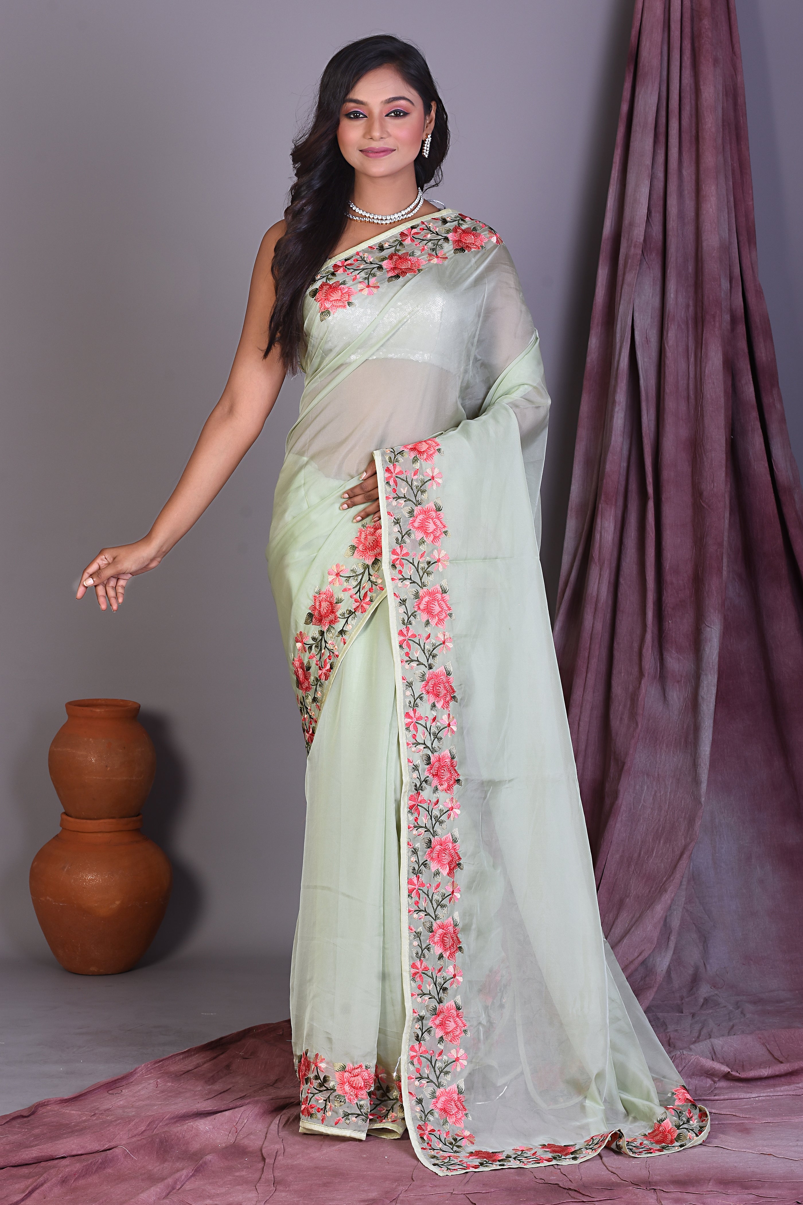 Mint Green Blended Organza Saree with Floral Borders - Keya Seth Exclusive