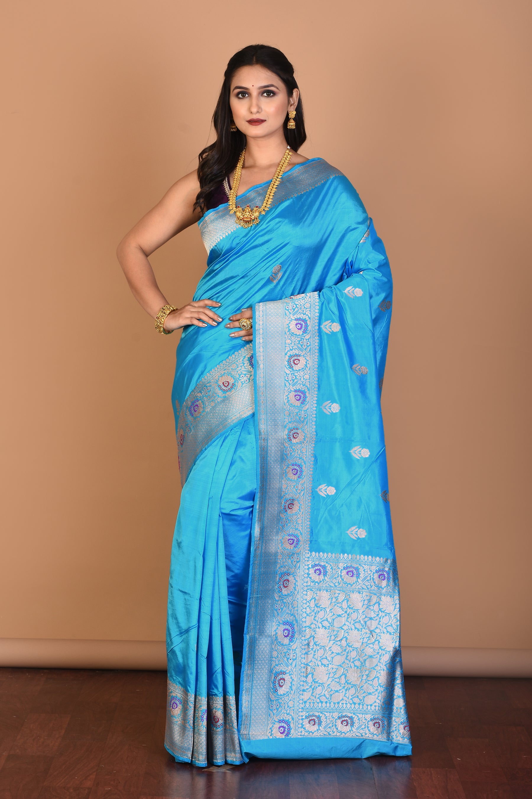 Sky Blue Pure Katan Silk Saree with Blouse Piece - Keya Seth Exclusive