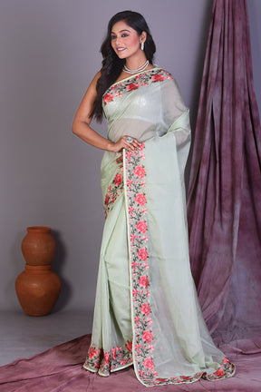 Mint Green Blended Organza Saree with Floral Borders - Keya Seth Exclusive