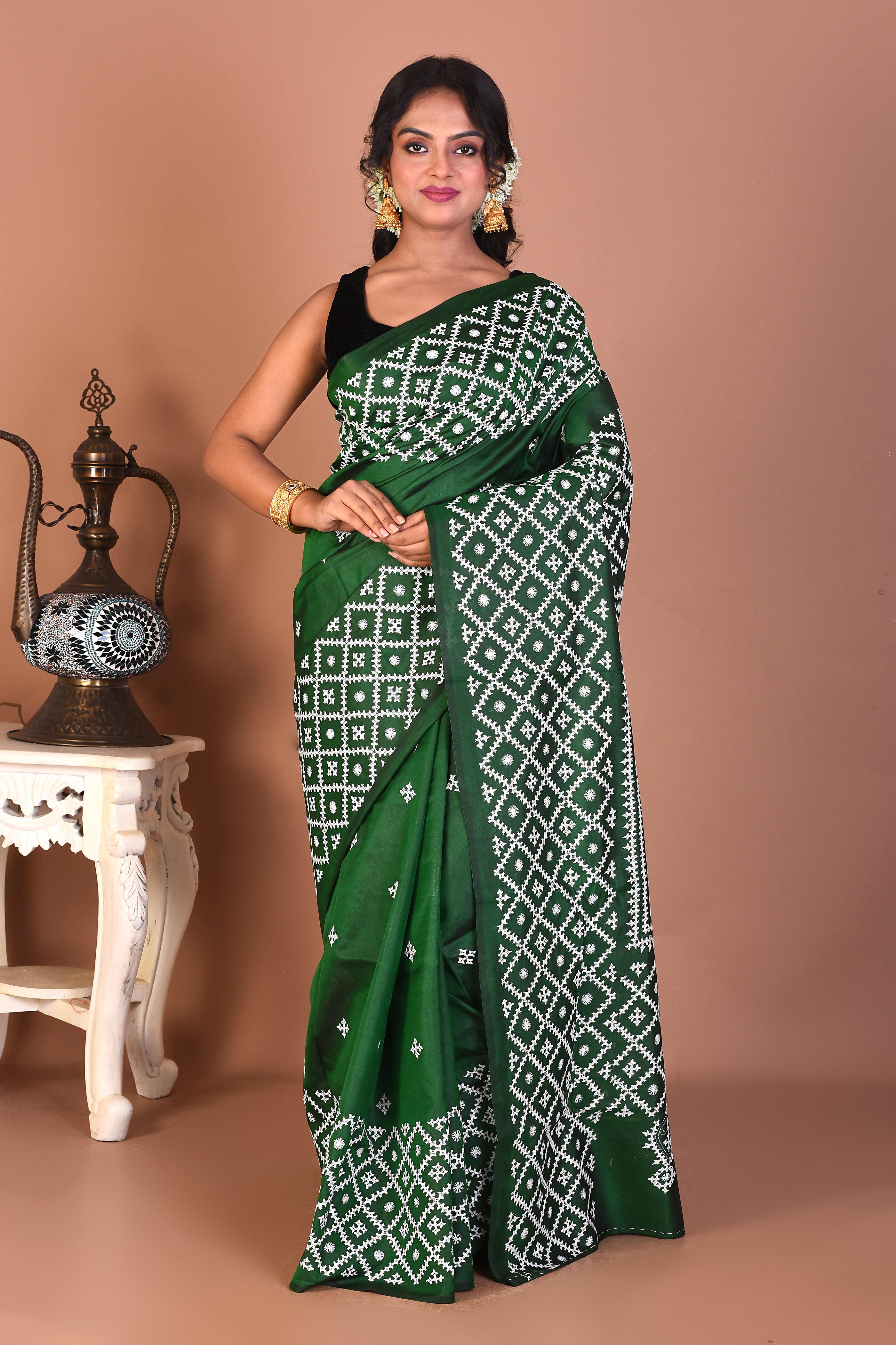 Bottle Green Pure Katha Stitch Saree - Keya Seth Exclusive