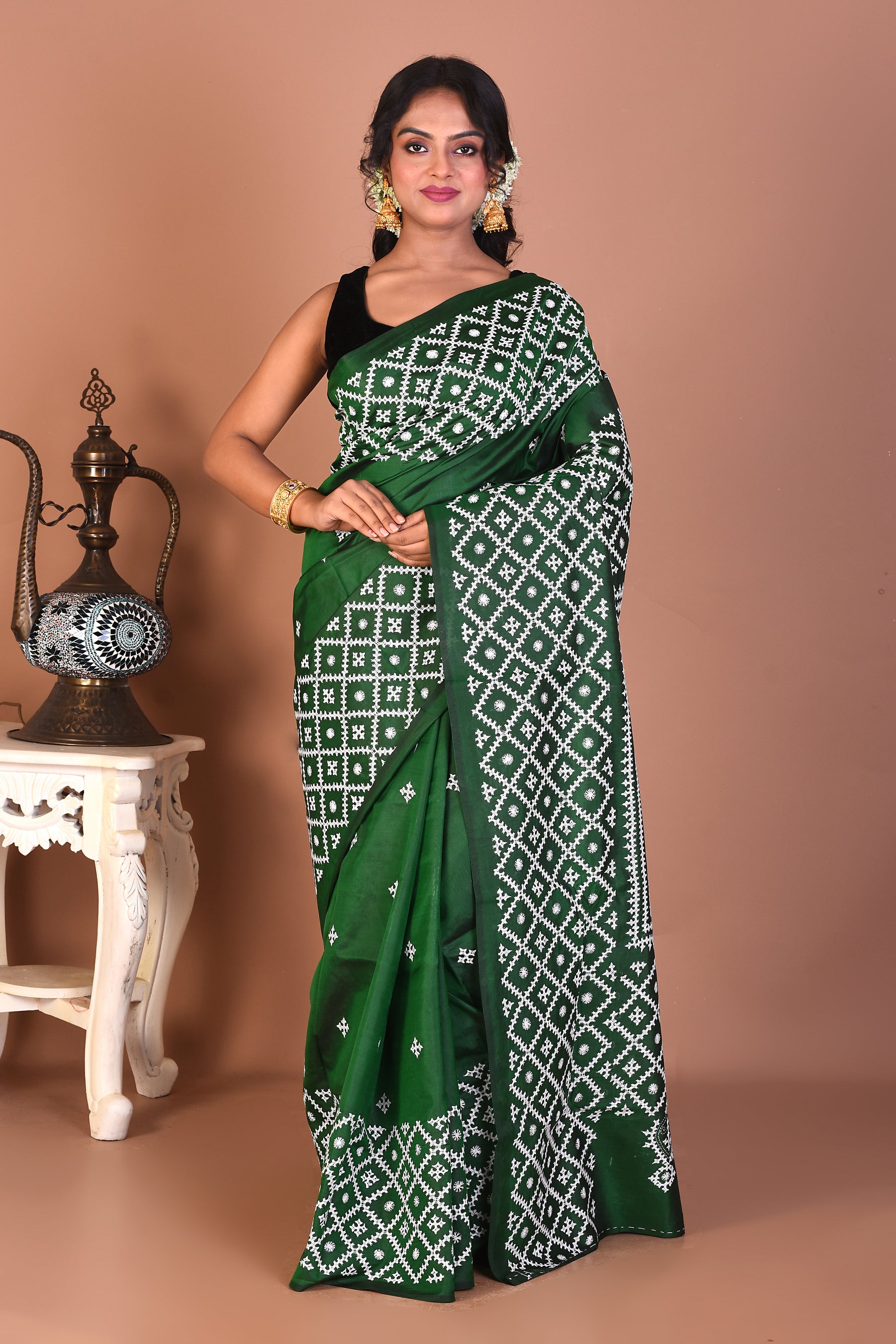 Bottle Green Pure Katha Stitch Saree - Keya Seth Exclusive