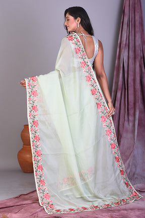 Mint Green Blended Organza Saree with Floral Borders - Keya Seth Exclusive