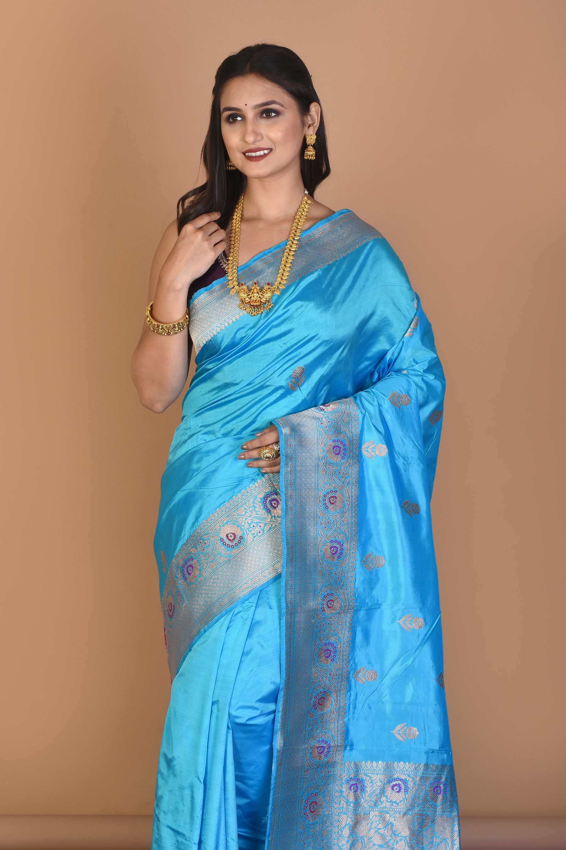 Sky Blue Pure Katan Silk Saree with Blouse Piece - Keya Seth Exclusive