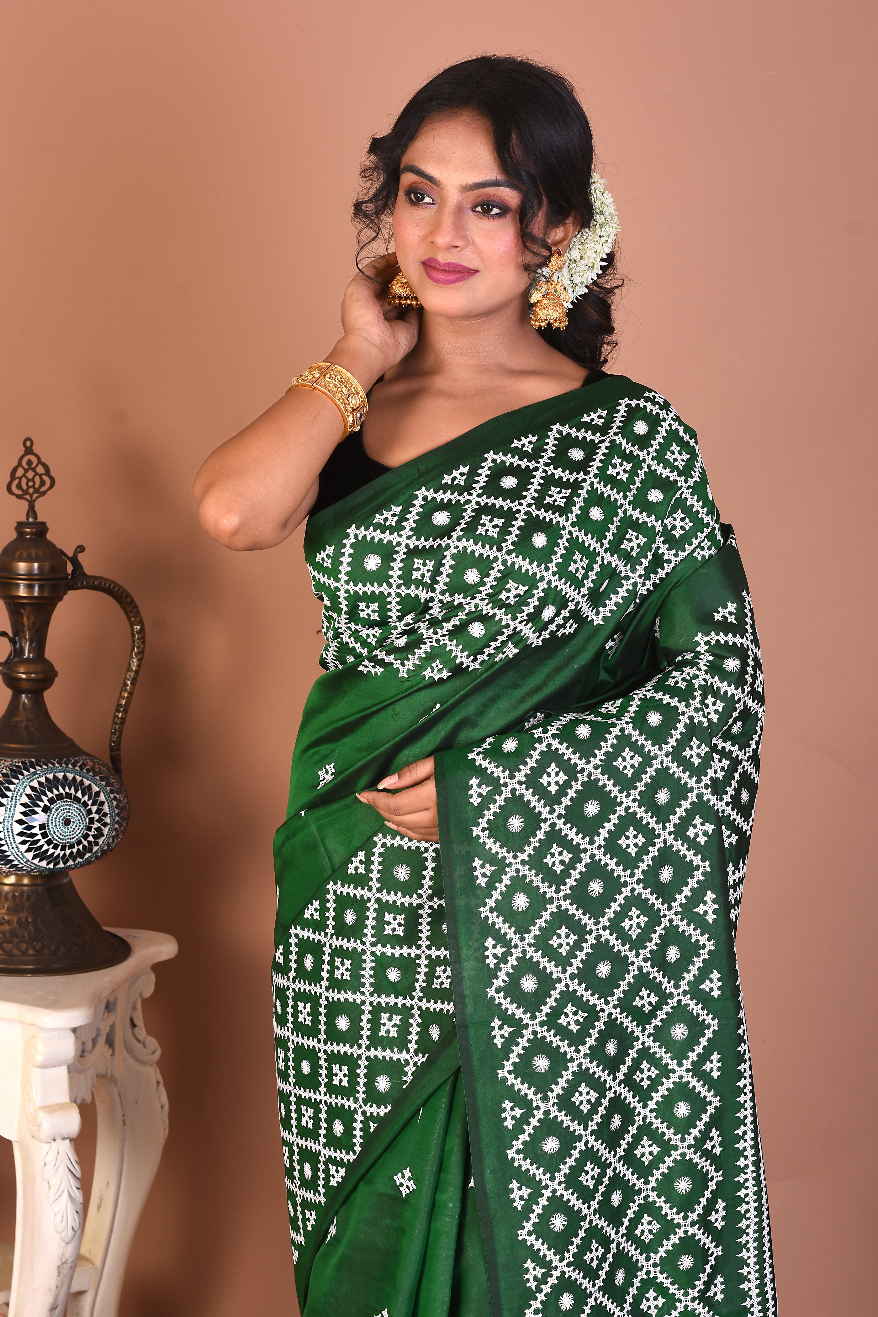 Bottle Green Pure Katha Stitch Saree - Keya Seth Exclusive