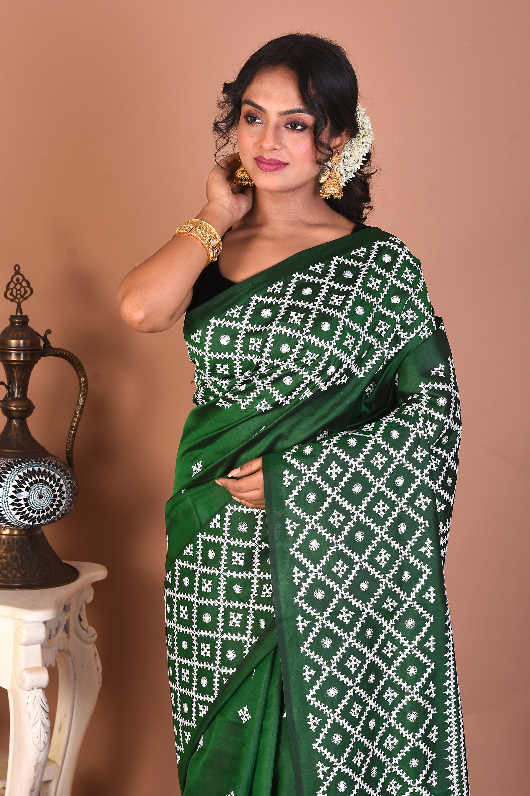 Bottle Green Pure Katha Stitch Saree - Keya Seth Exclusive