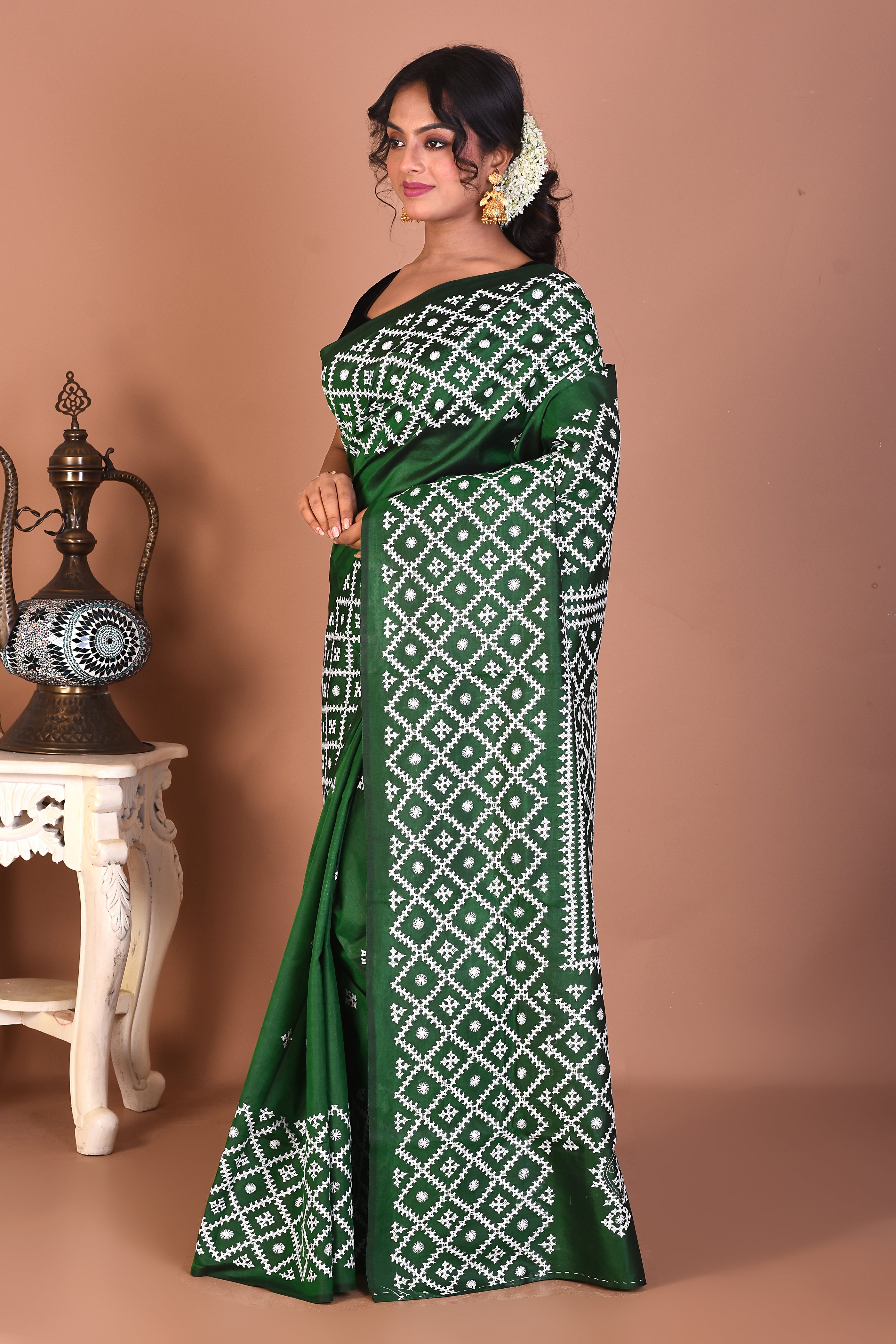 Bottle Green Pure Katha Stitch Saree - Keya Seth Exclusive
