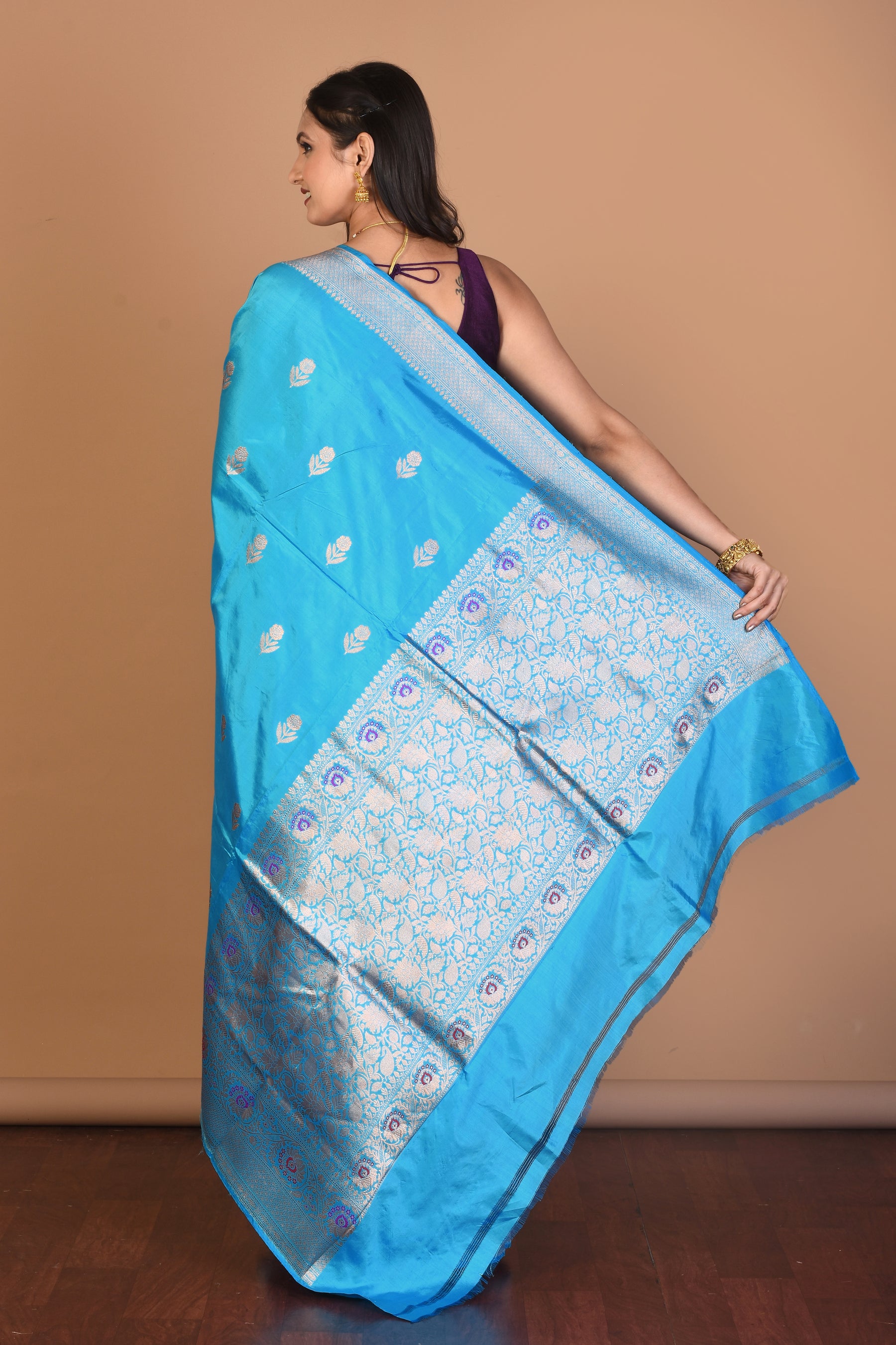 Sky Blue Pure Katan Silk Saree with Blouse Piece - Keya Seth Exclusive